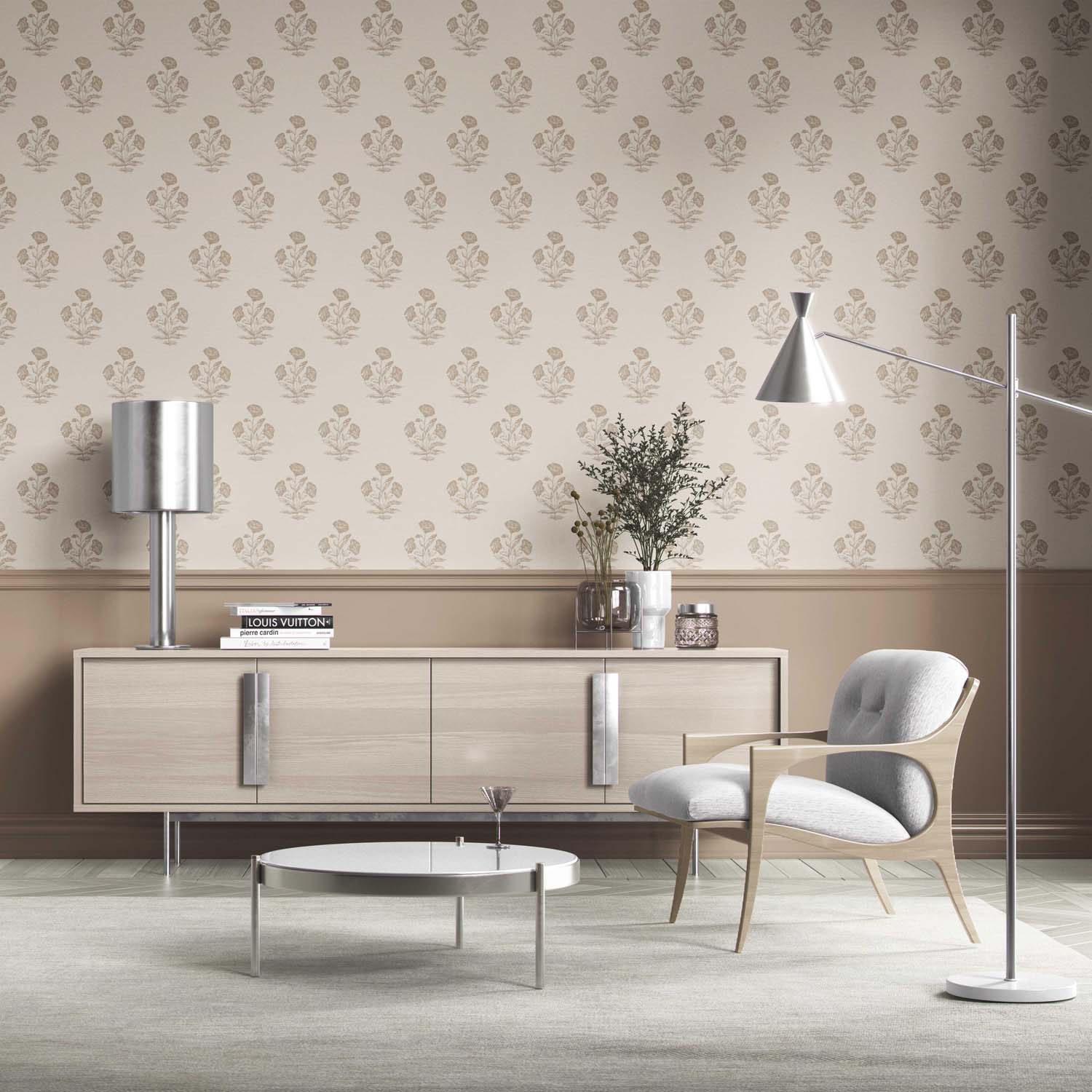 Neutral Floral Block Print Kitchen Wallpaper Sample (Beige/ Brown/ Taupe)
