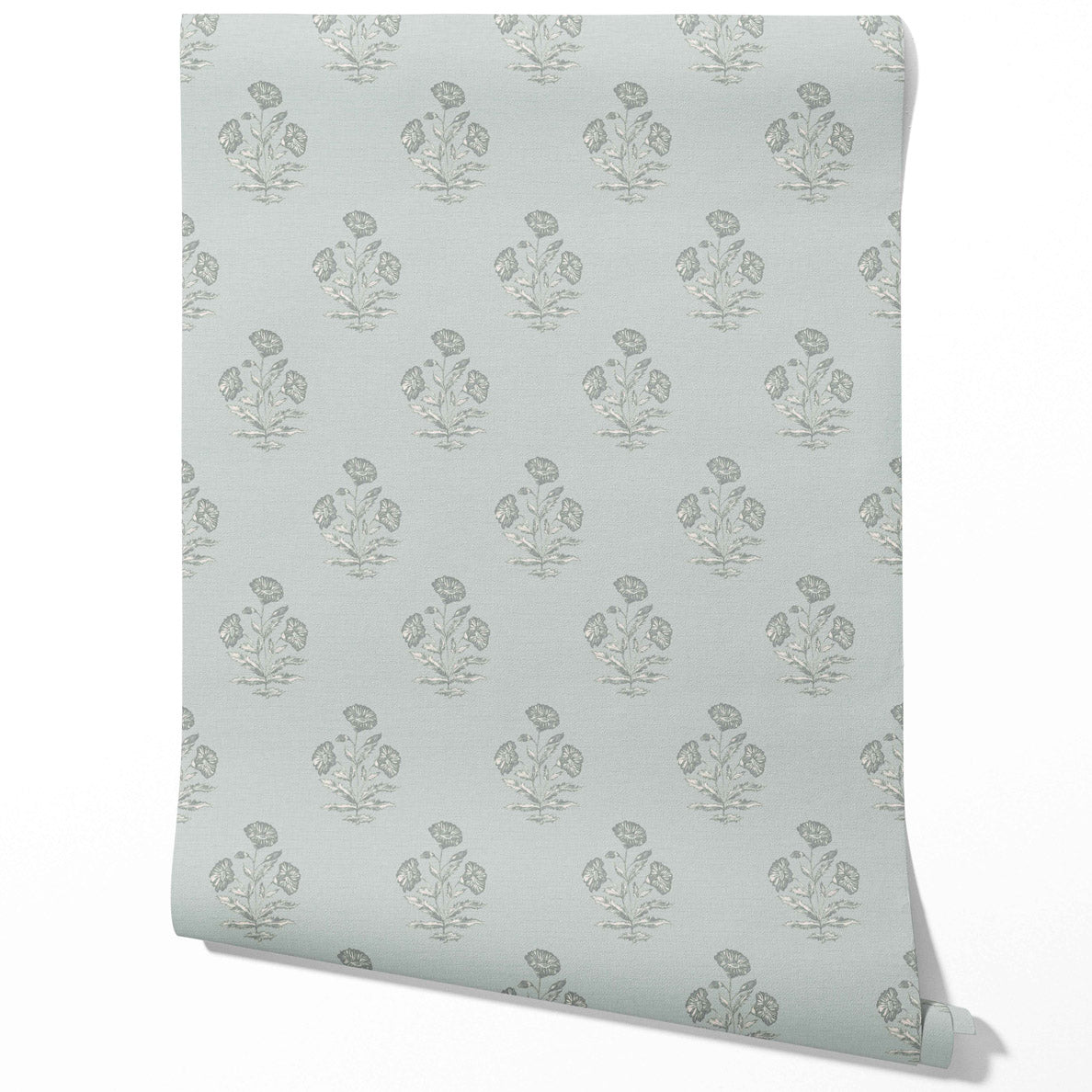 Floral Block Print Traditional Wallpaper (Shell Blue/ Gray)