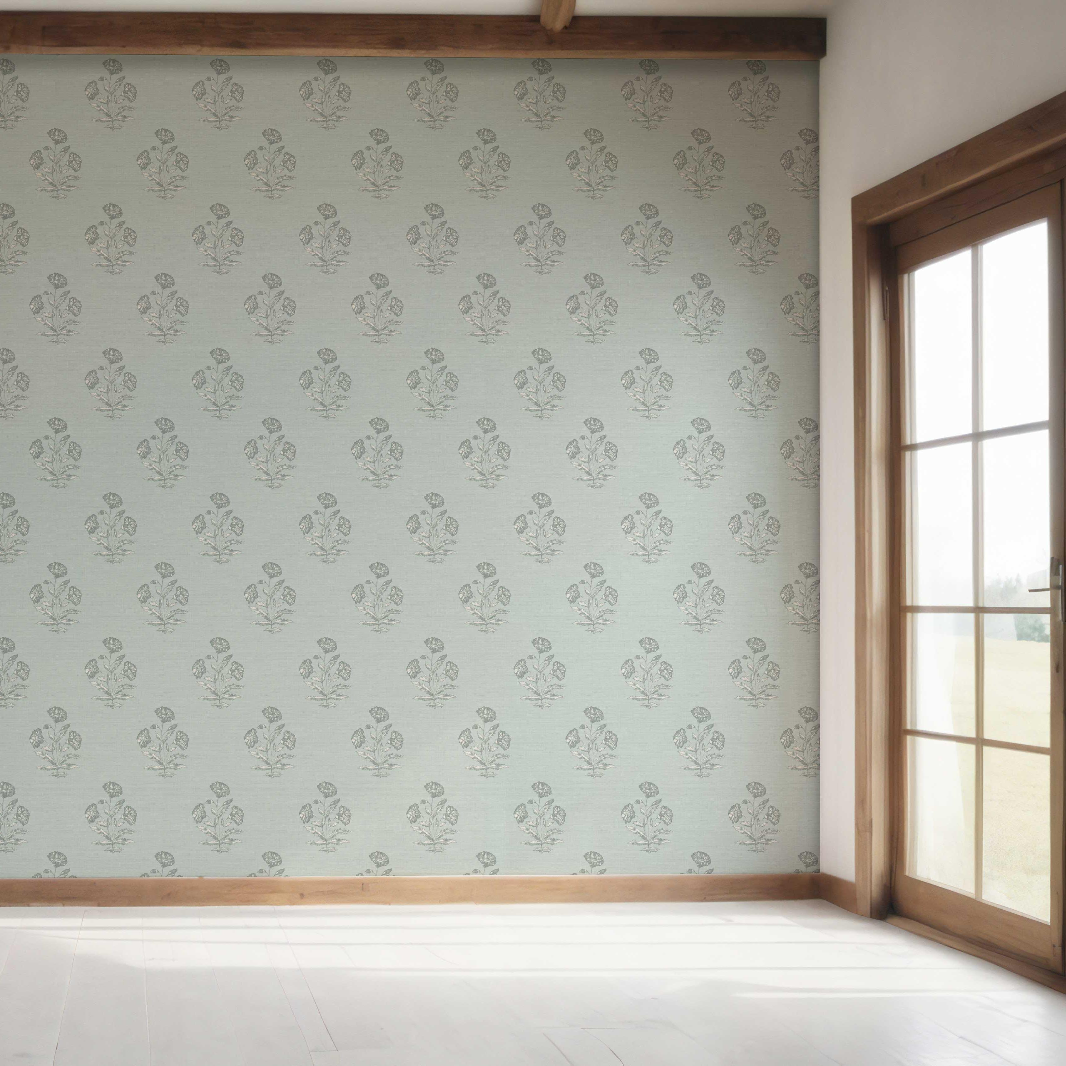 Floral Block Print Bedroom Wallpaper (Shell Blue/ Gray)