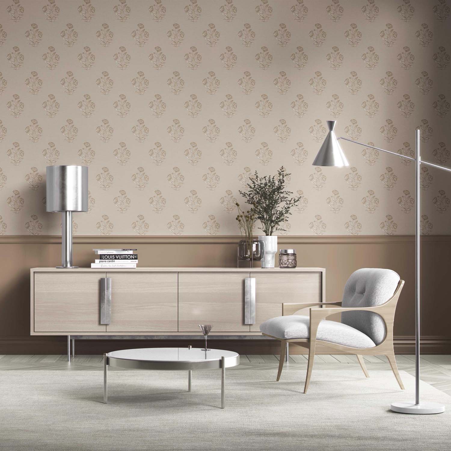 Neutral Floral Block Print Kitchen Wallpaper Sample (Warm Beige/ Greige/ Brown)