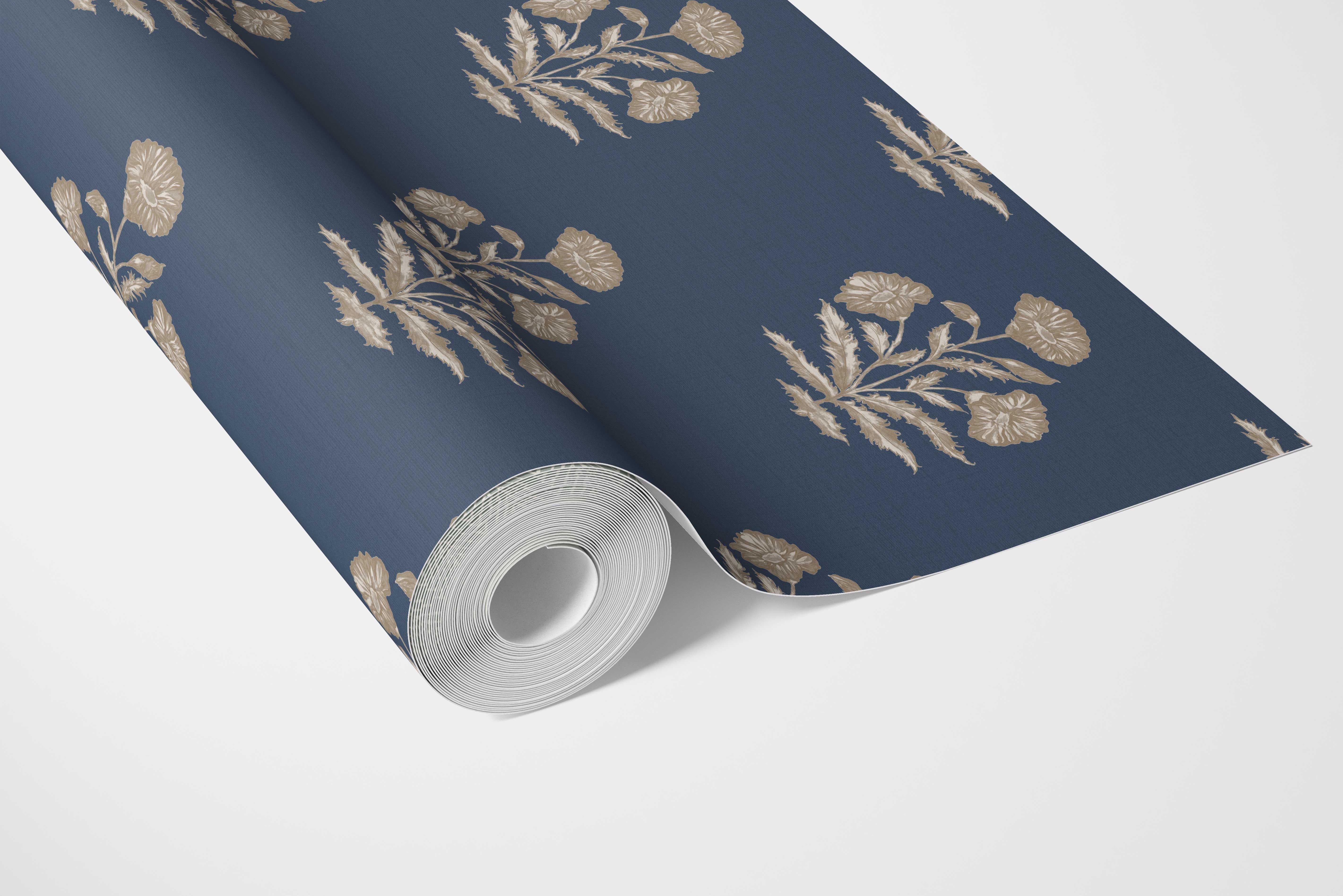 Floral Block Print Bathroom Wallpaper (Navy Blue/ Beige)