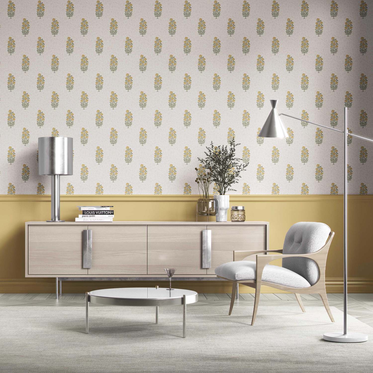Floral Block Print Kitchen Wallpaper Sample (Yellow/ Green)