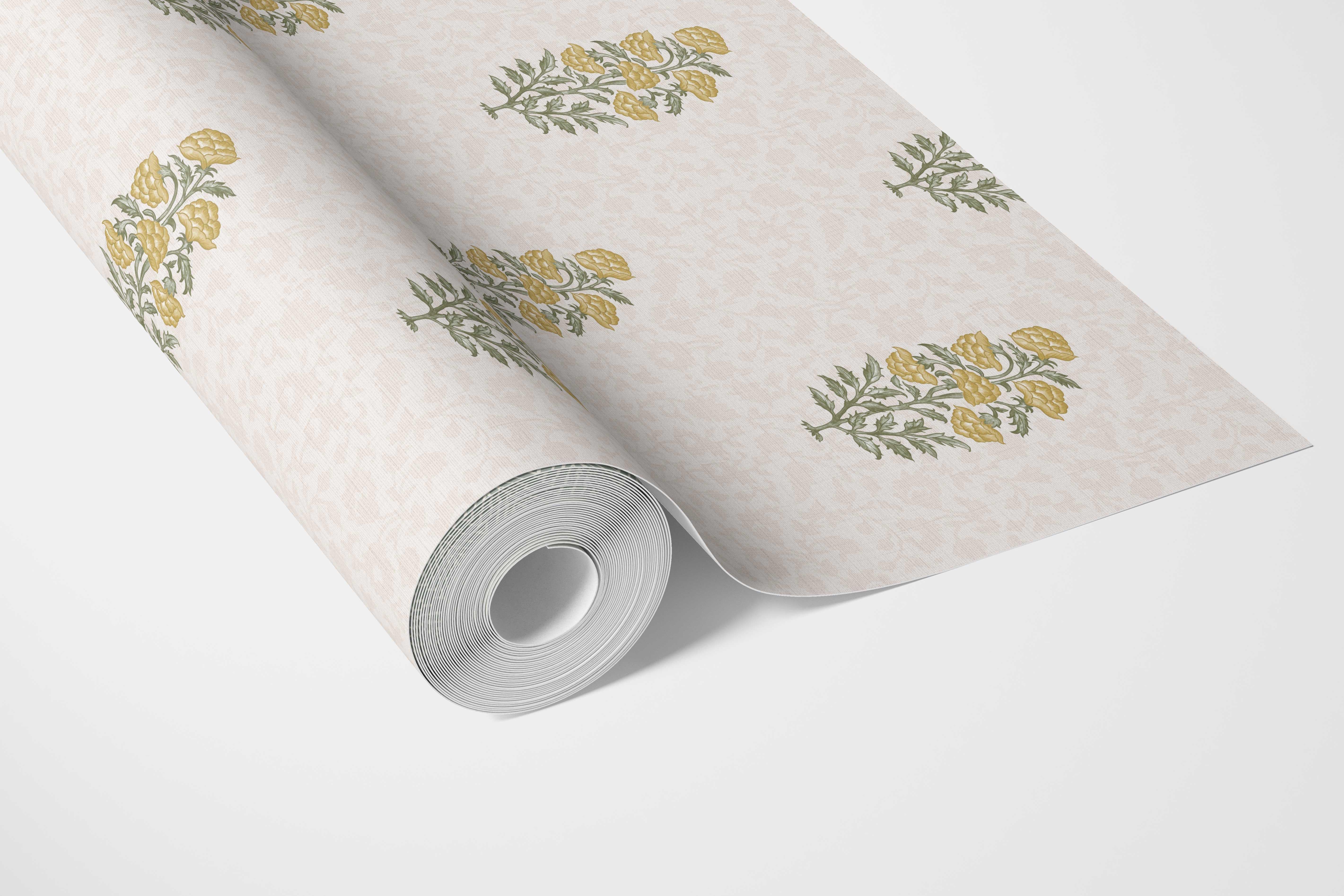 Floral Block Print Bathroom Wallpaper Sample (Yellow/ Green)