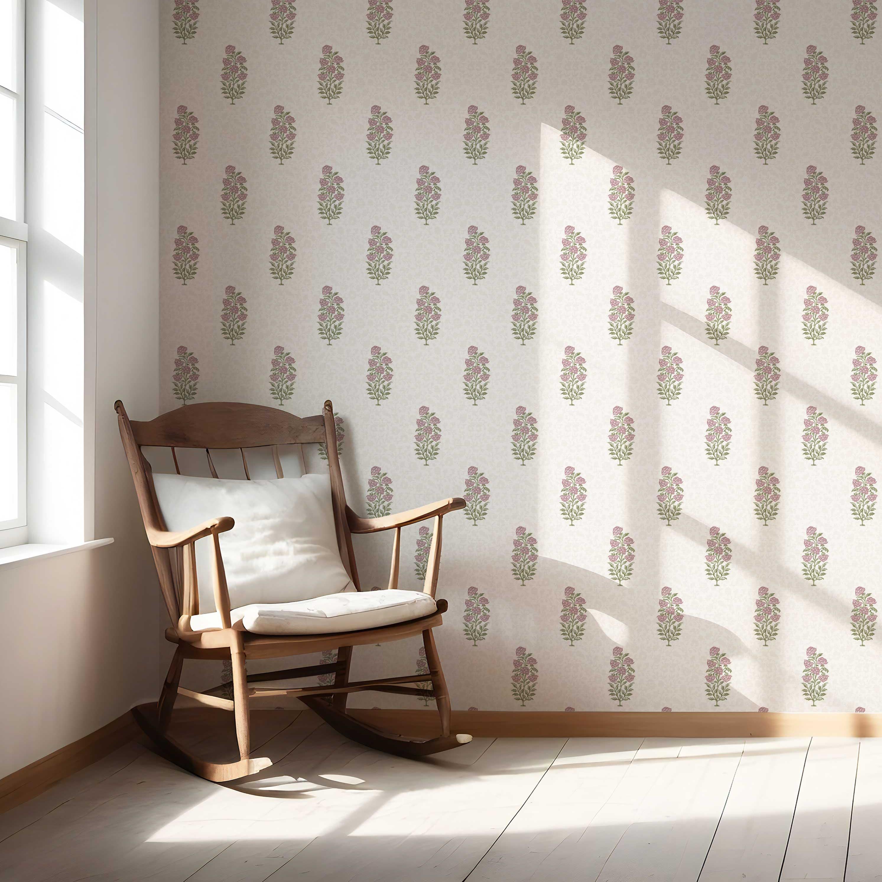 Floral Block Print Nursery Wallpaper (Blush Pink/ Green)