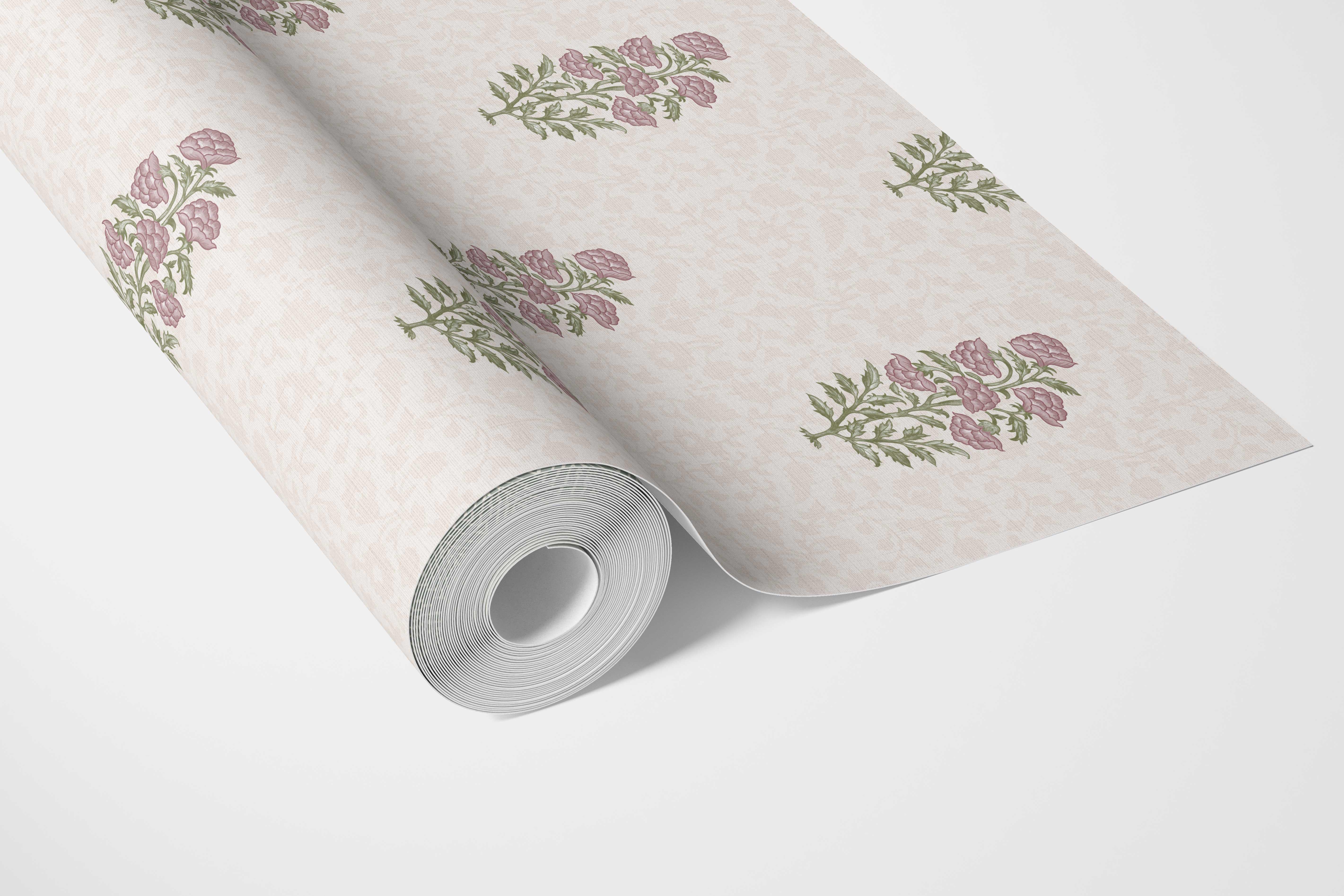 Floral Block Print Bathroom Wallpaper Sample (Blush Pink/ Green)