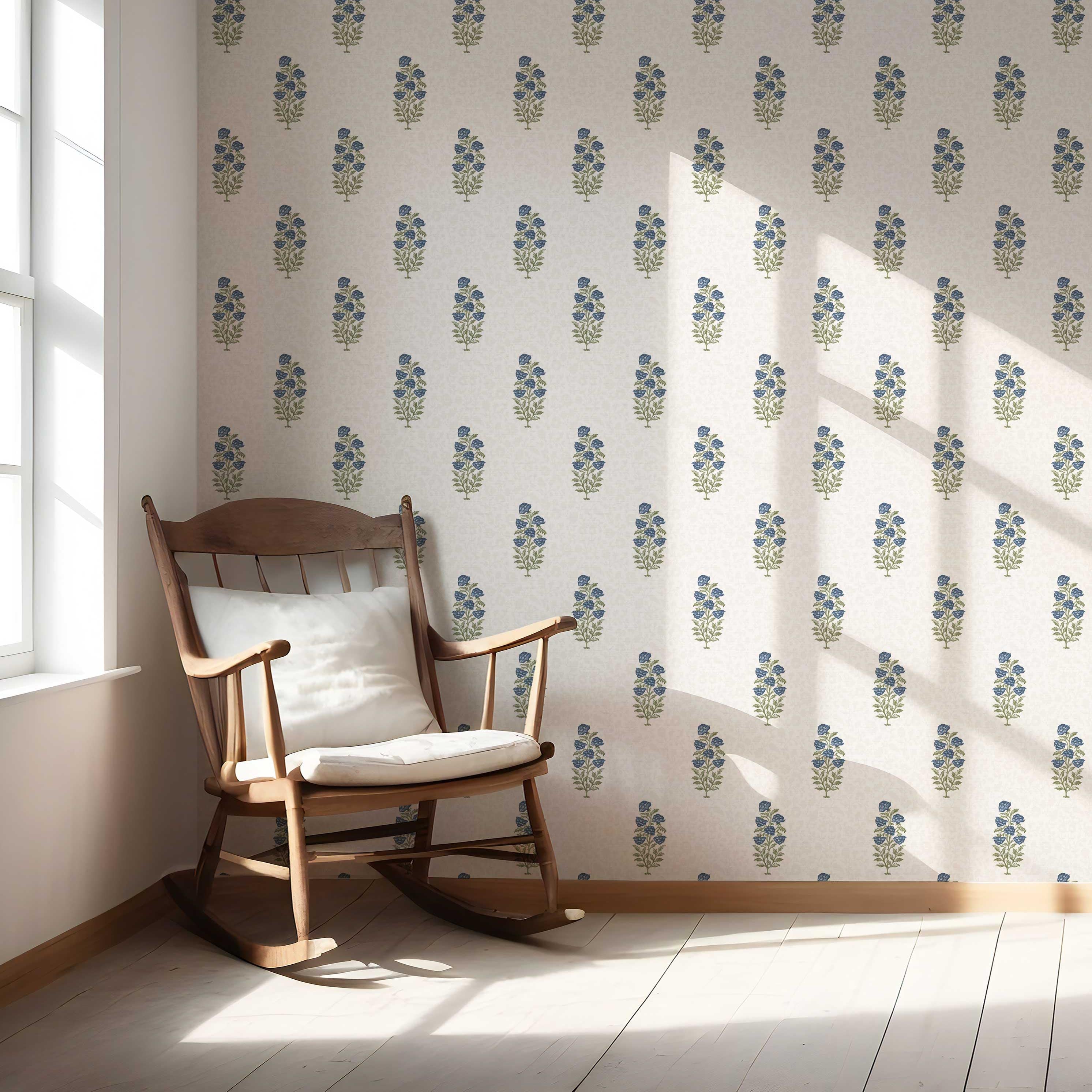 Floral Block Print Nursery Wallpaper Sample Navy Blue/ Green
