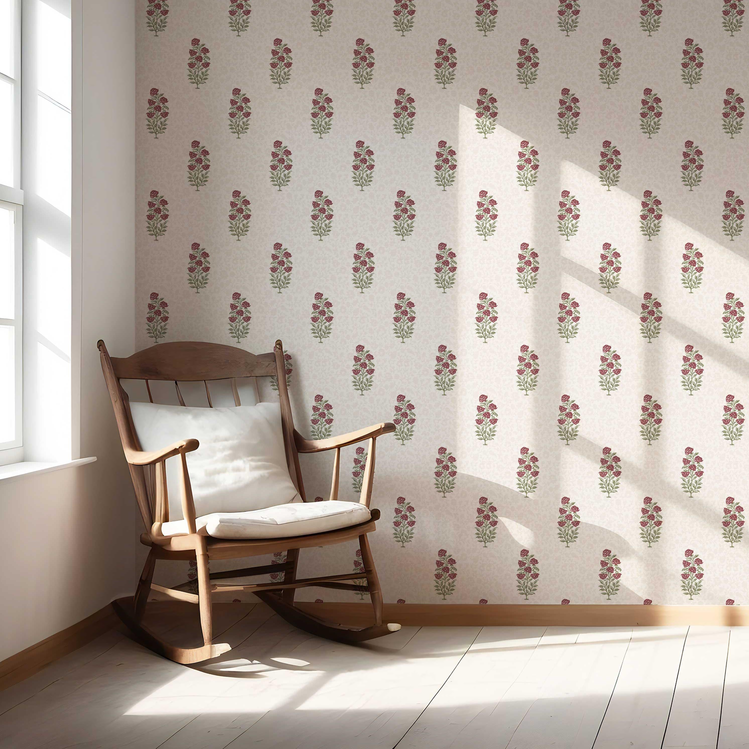 Floral Block Print Nursery Wallpaper (Deep Red/ Maroon/ Green)