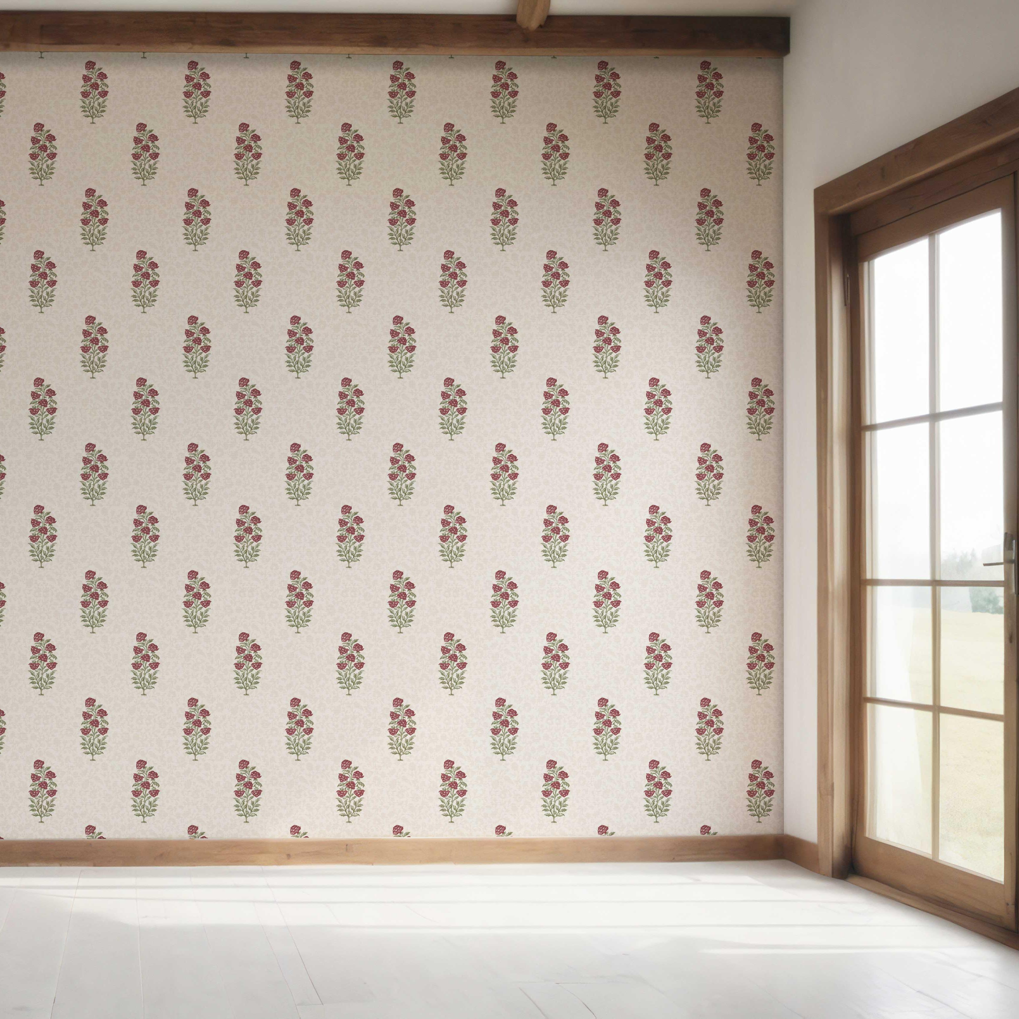 Floral Block Print Bedroom Wallpaper (Deep Red/ Maroon/ Green)