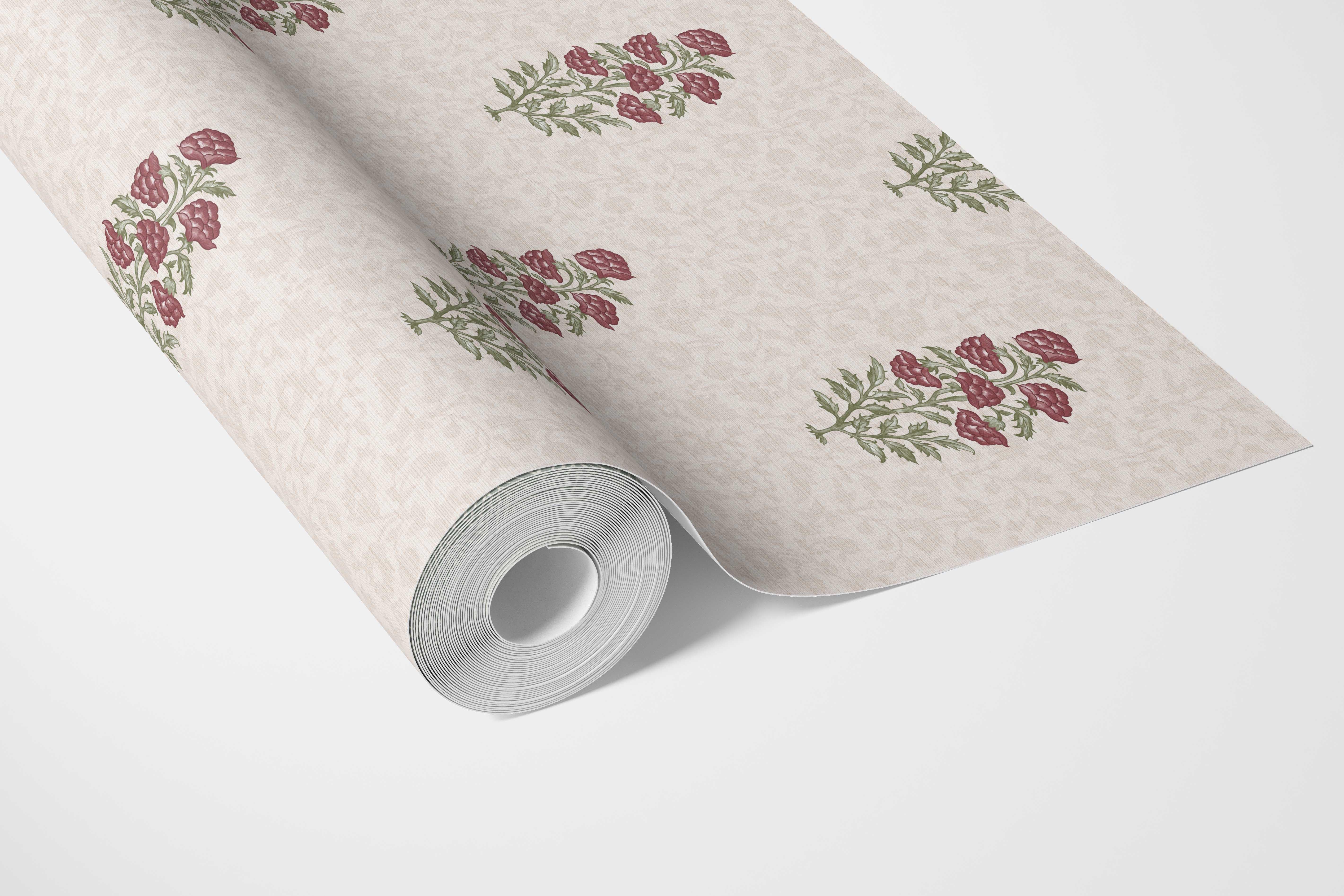 Floral Block Print Bathroom Wallpaper Sample (Deep Red/ Maroon/ Green)