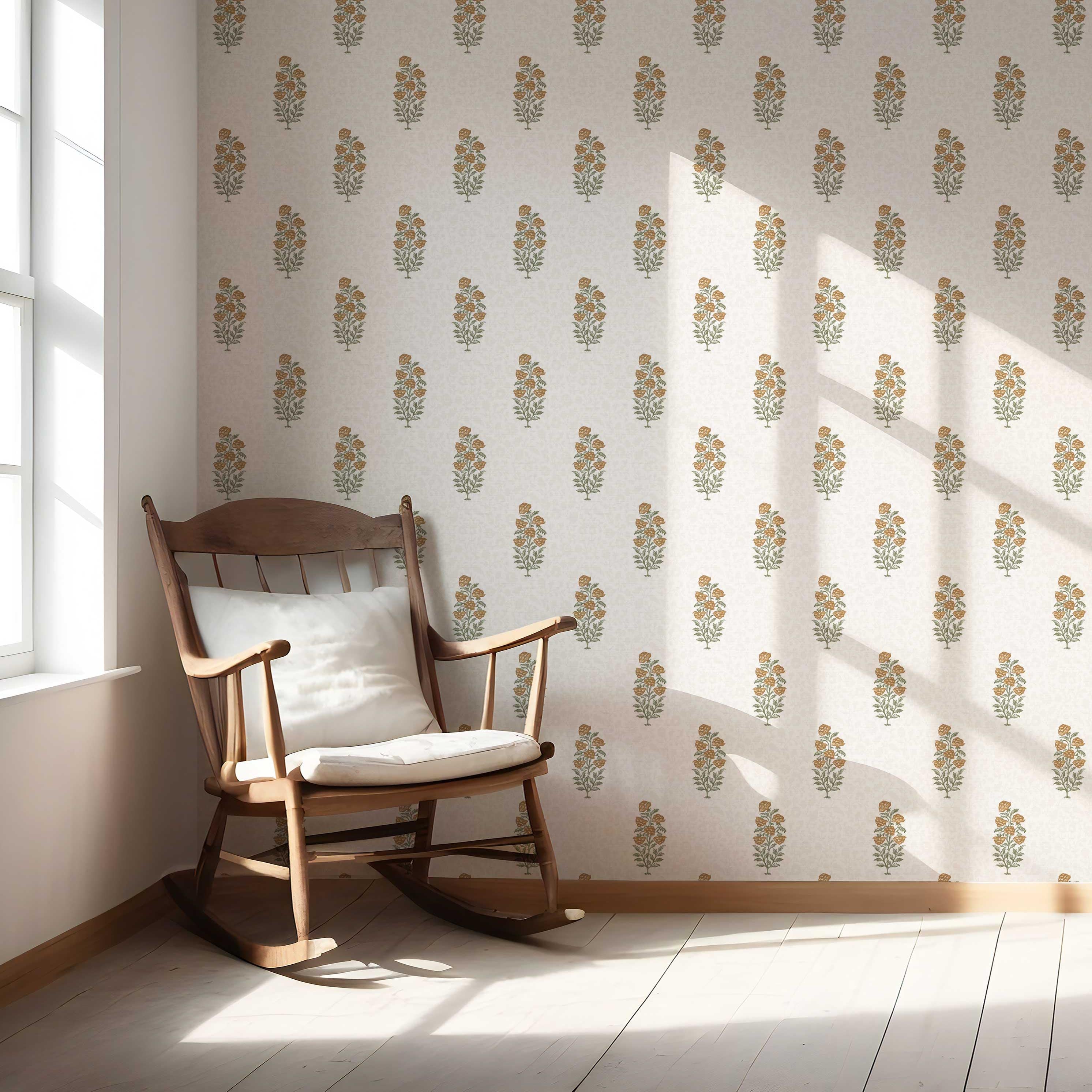 Floral Block Print Nursery Wallpaper (Mustard Yellow/ Green)