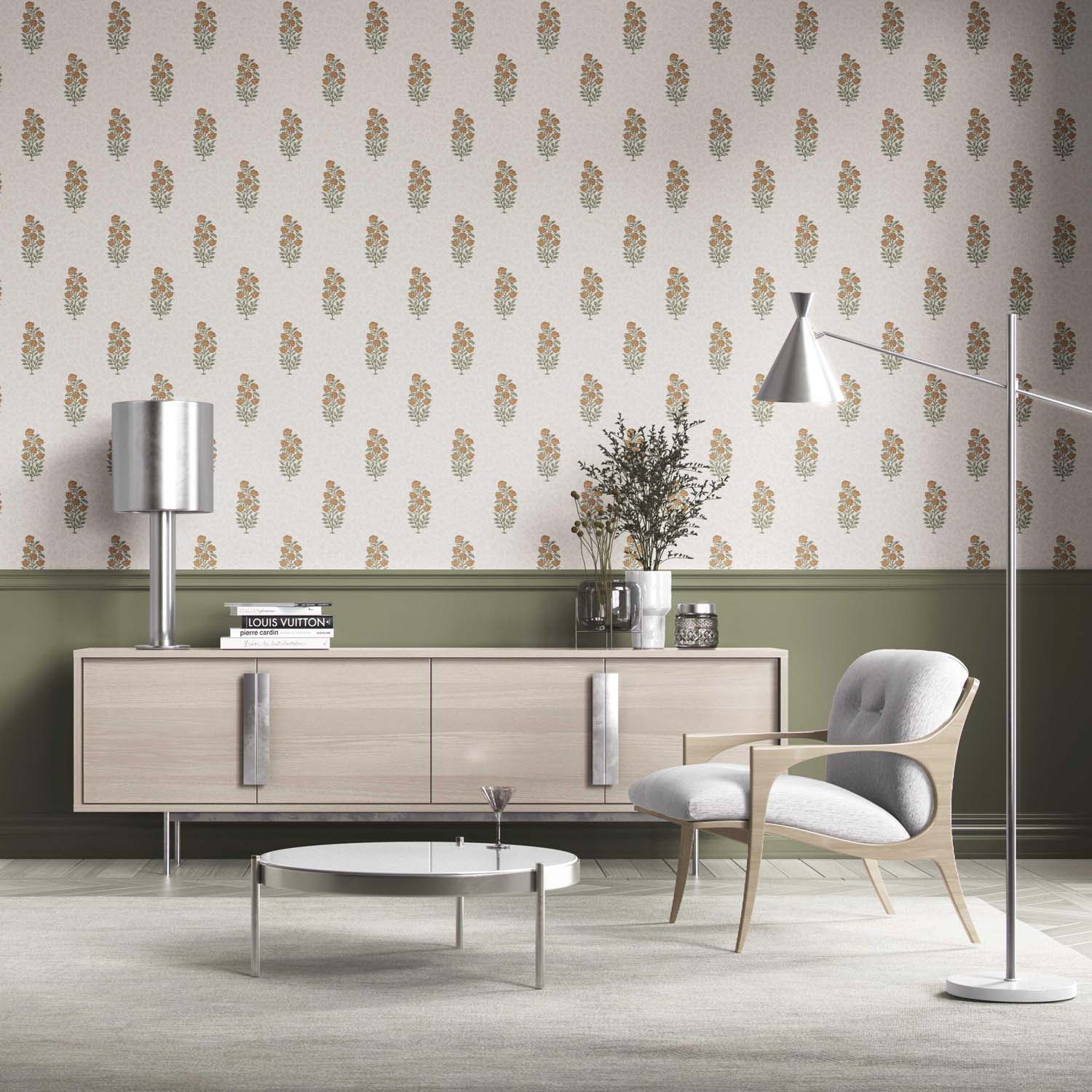 Floral Block Print Kitchen Wallpaper (Mustard Yellow/ Green)