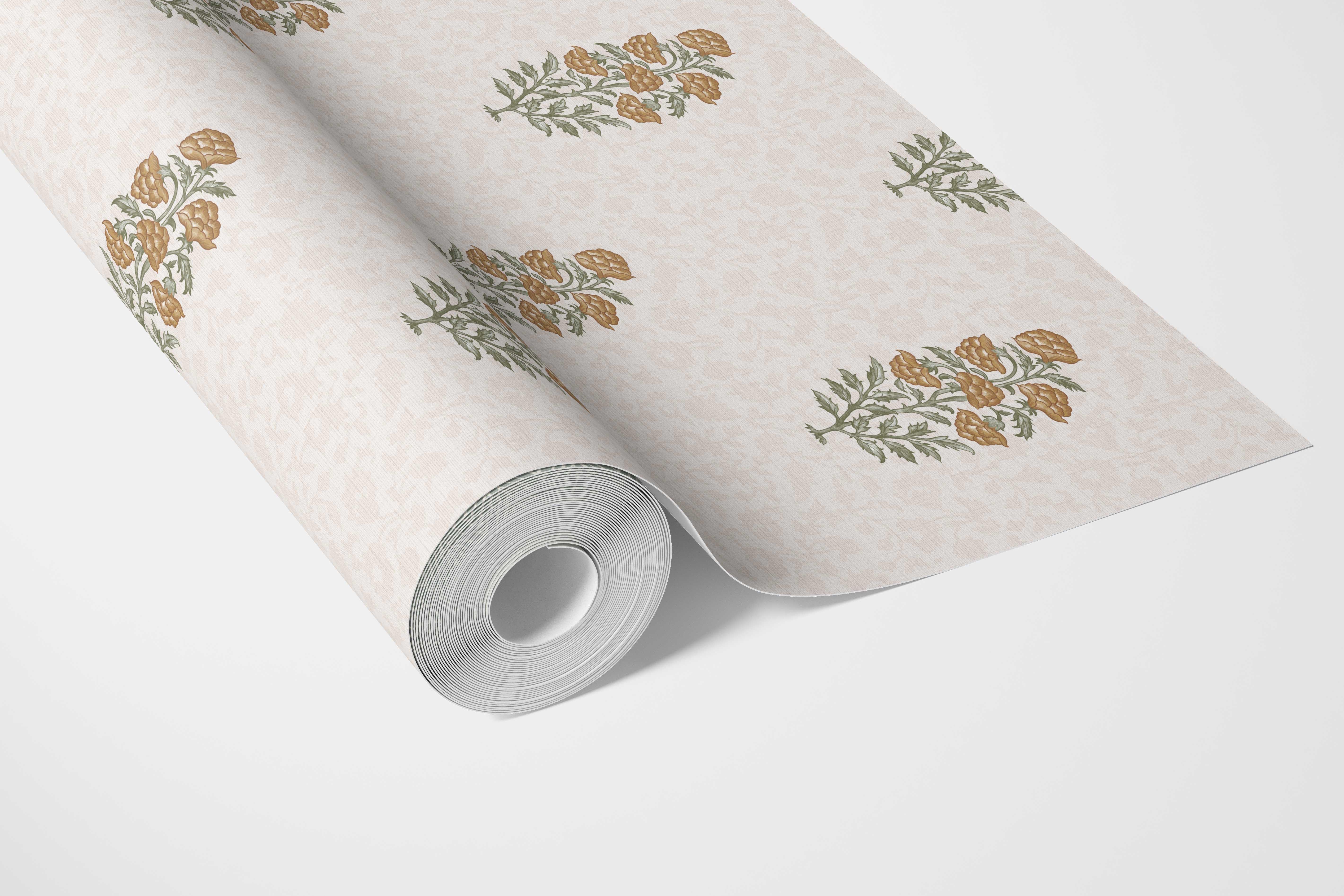 Floral Block Print Bathroom Wallpaper (Mustard Yellow/ Green)