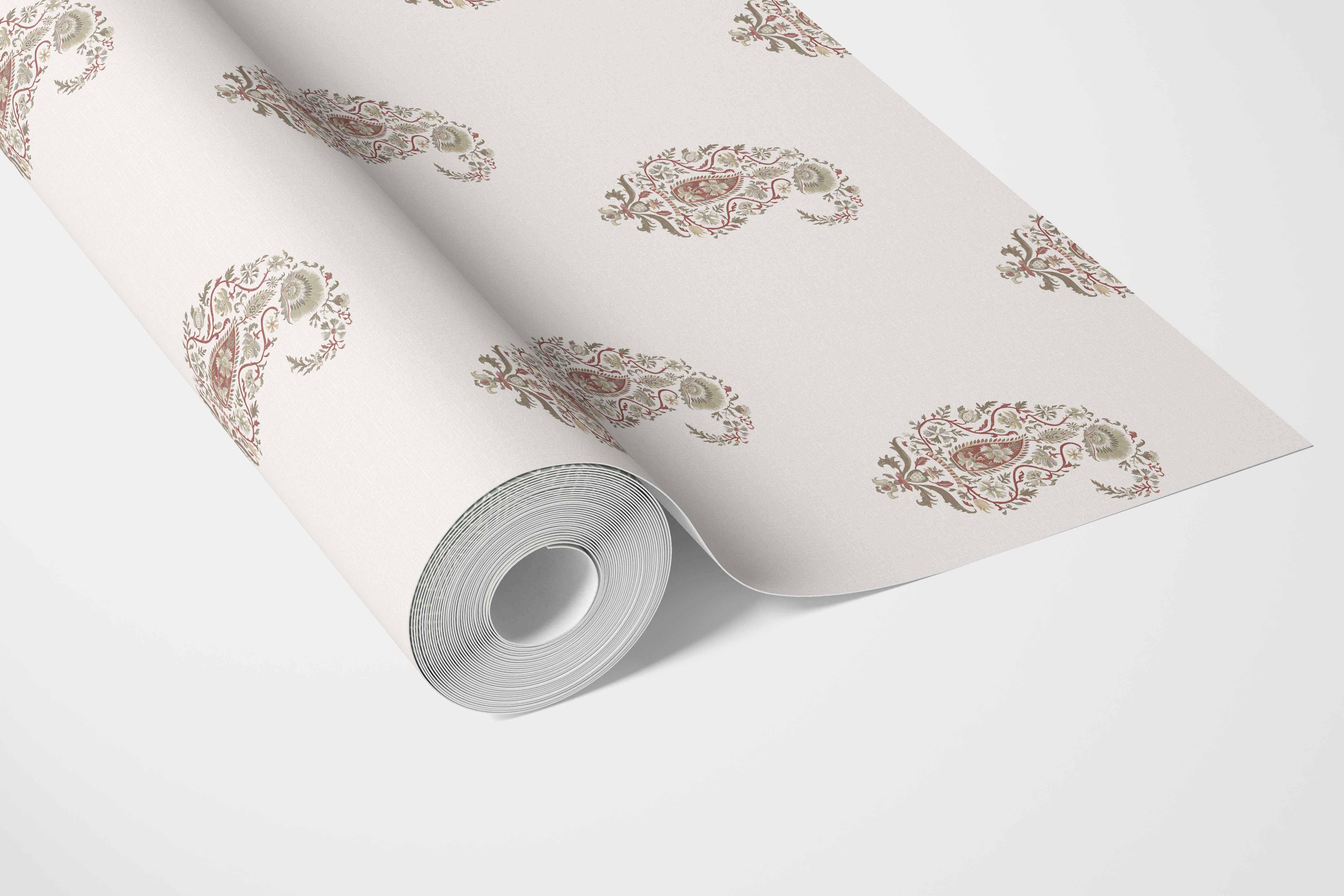 Paisley Floral Bathroom Wallpaper Sample (Red/ Green/ Gray)