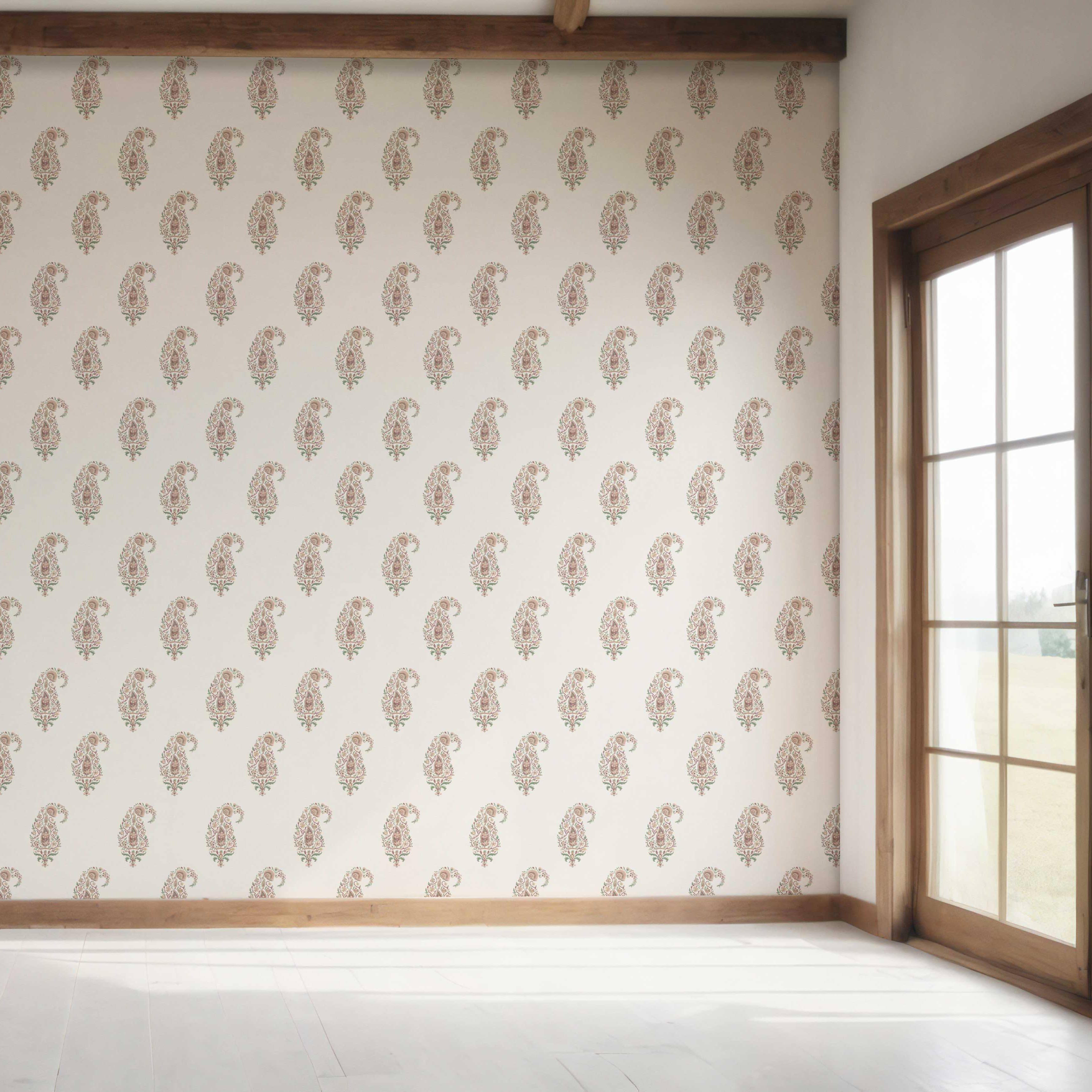 Paisley Floral Bedroom Wallpaper Sample (Beige/ Red/ Green/ Pink)