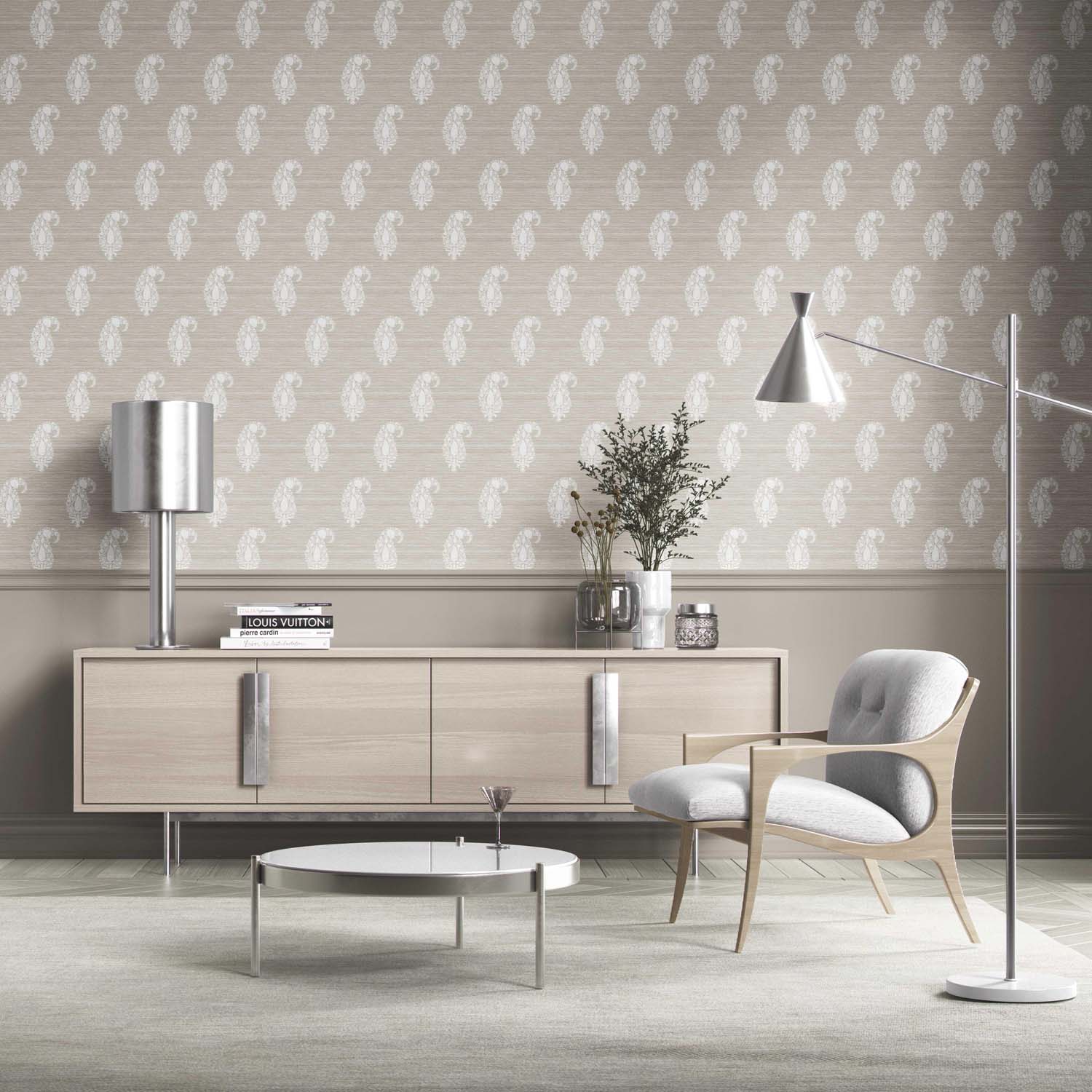 Neutral Paisley Floral Kitchen Wallpaper Sample (Beige/ Warm Gray/ Taupe/ White)