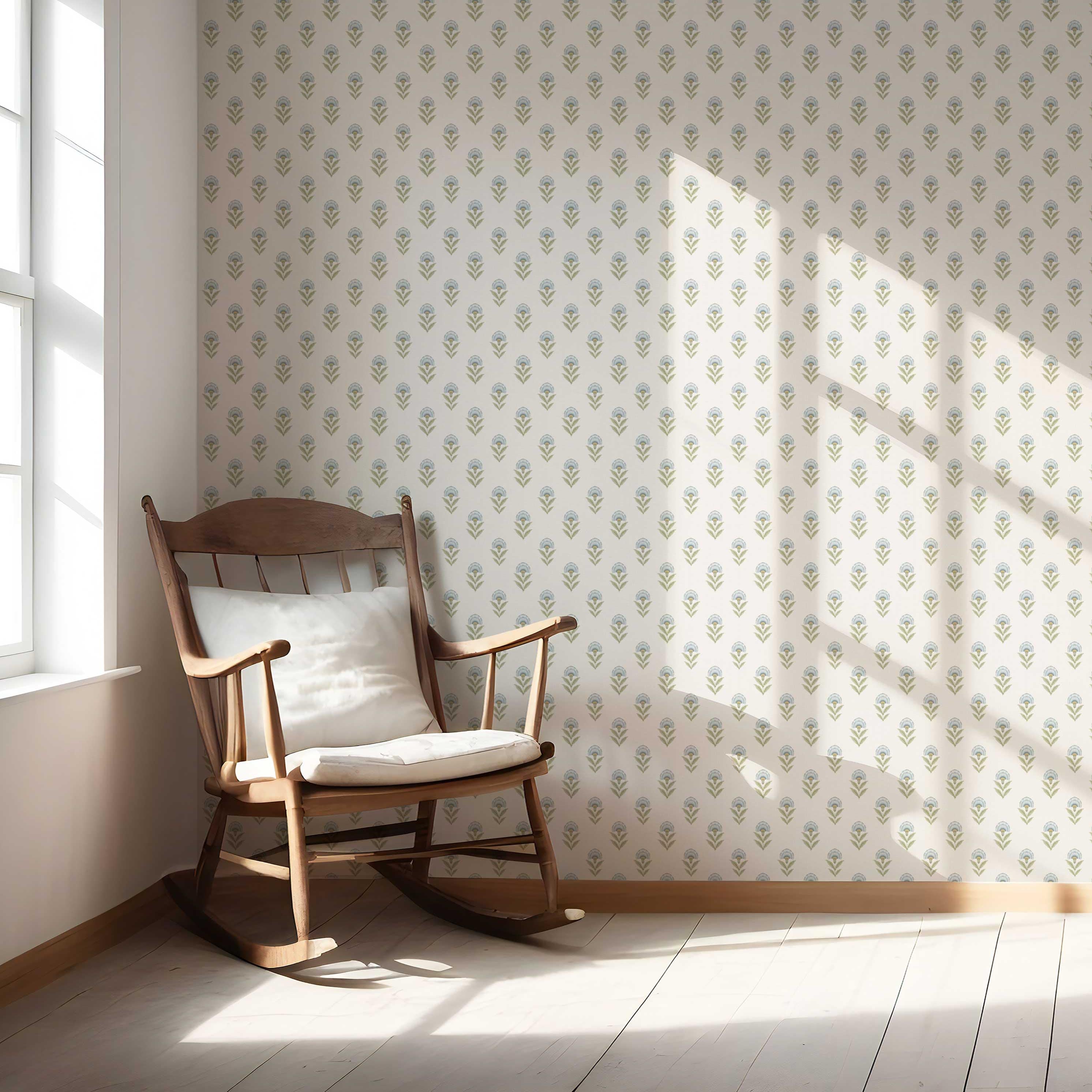 Floral Block Print Nursery Wallpaper Sample (Blue/ Green)