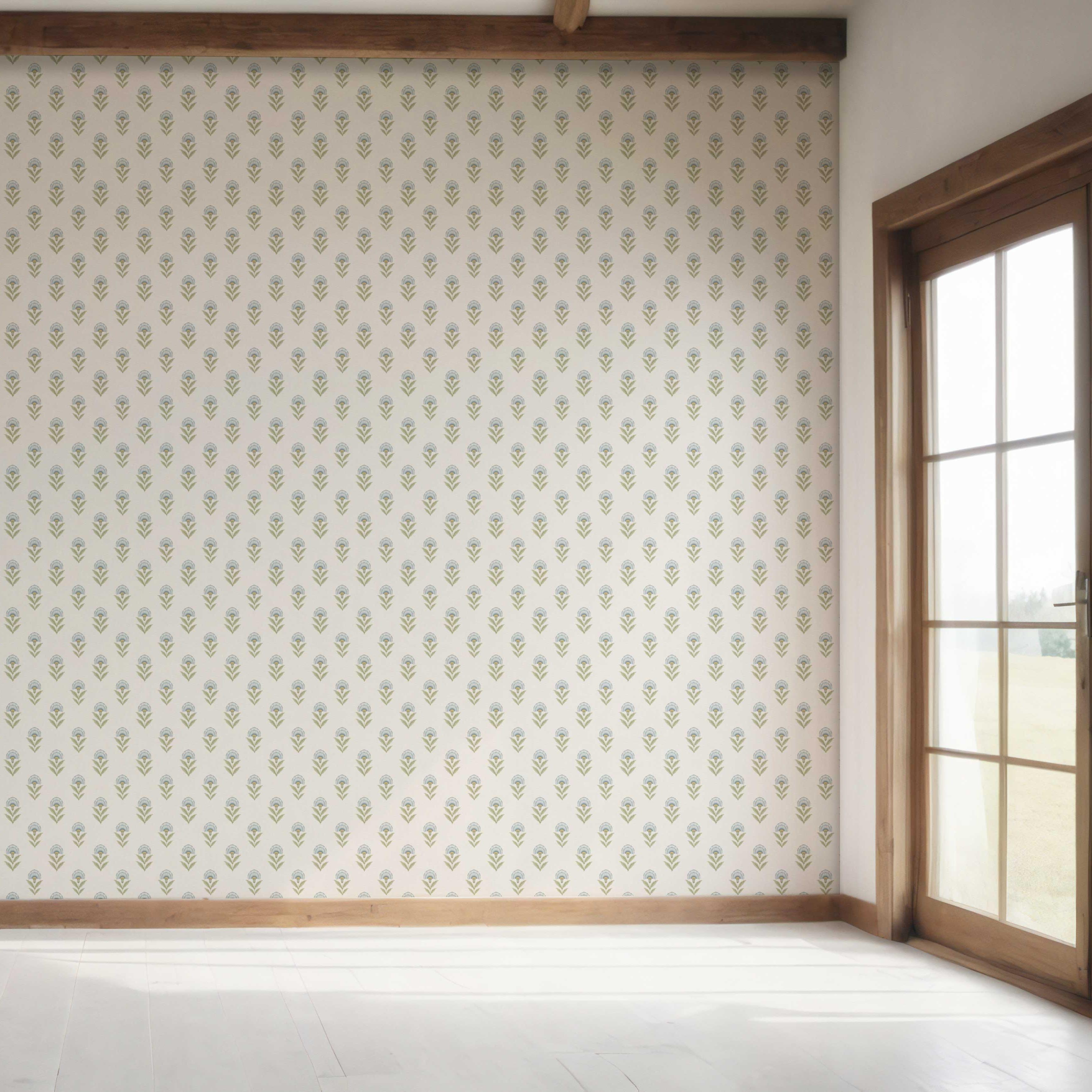 Floral Block Print Bedroom Wallpaper Sample (Blue/ Green)