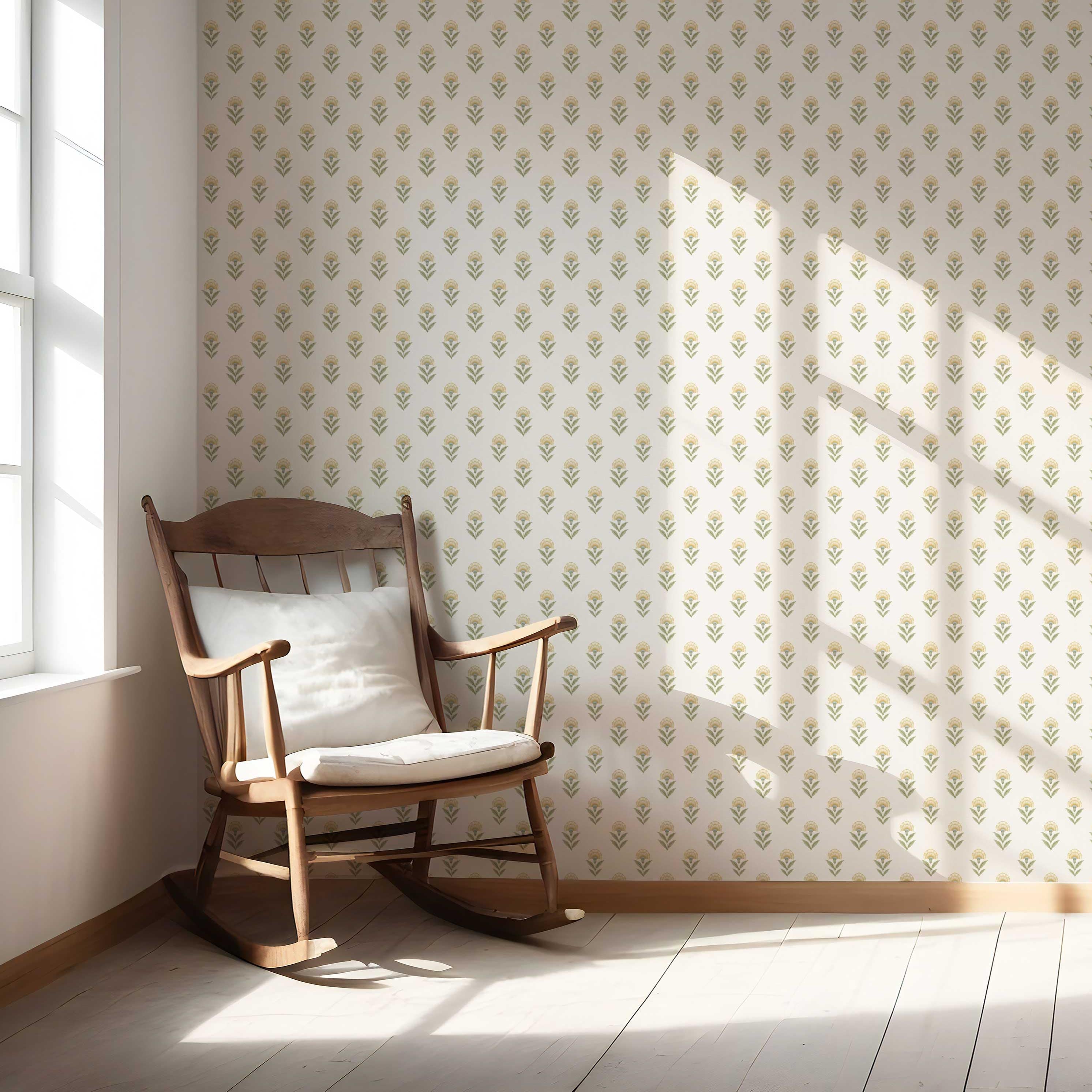 Floral Block Print Nursery Wallpaper Sample (Pale Yellow/ Green)