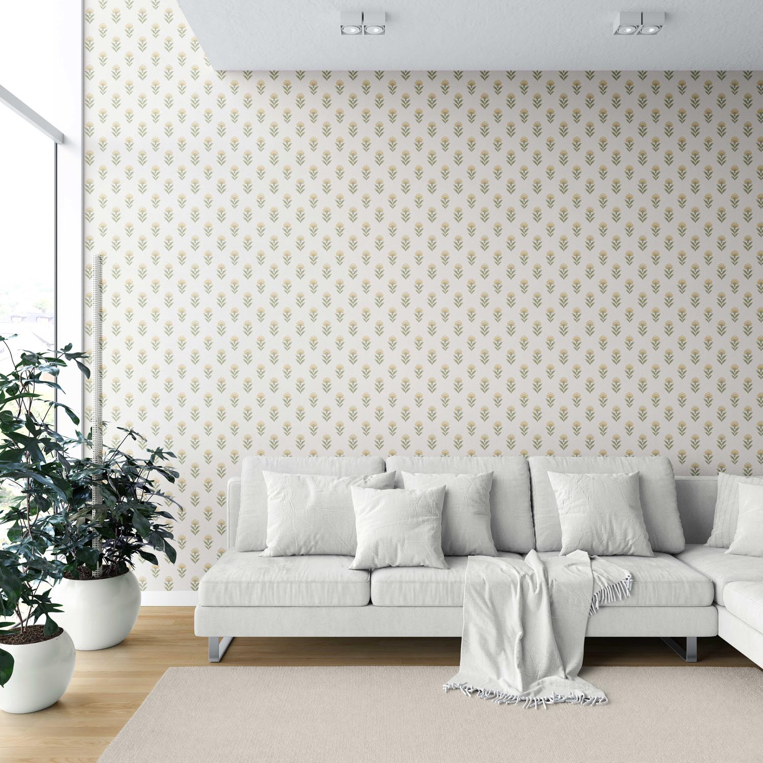 Floral Block Print Shower Toilet Wallpaper Sample (Pale Yellow/ Green)