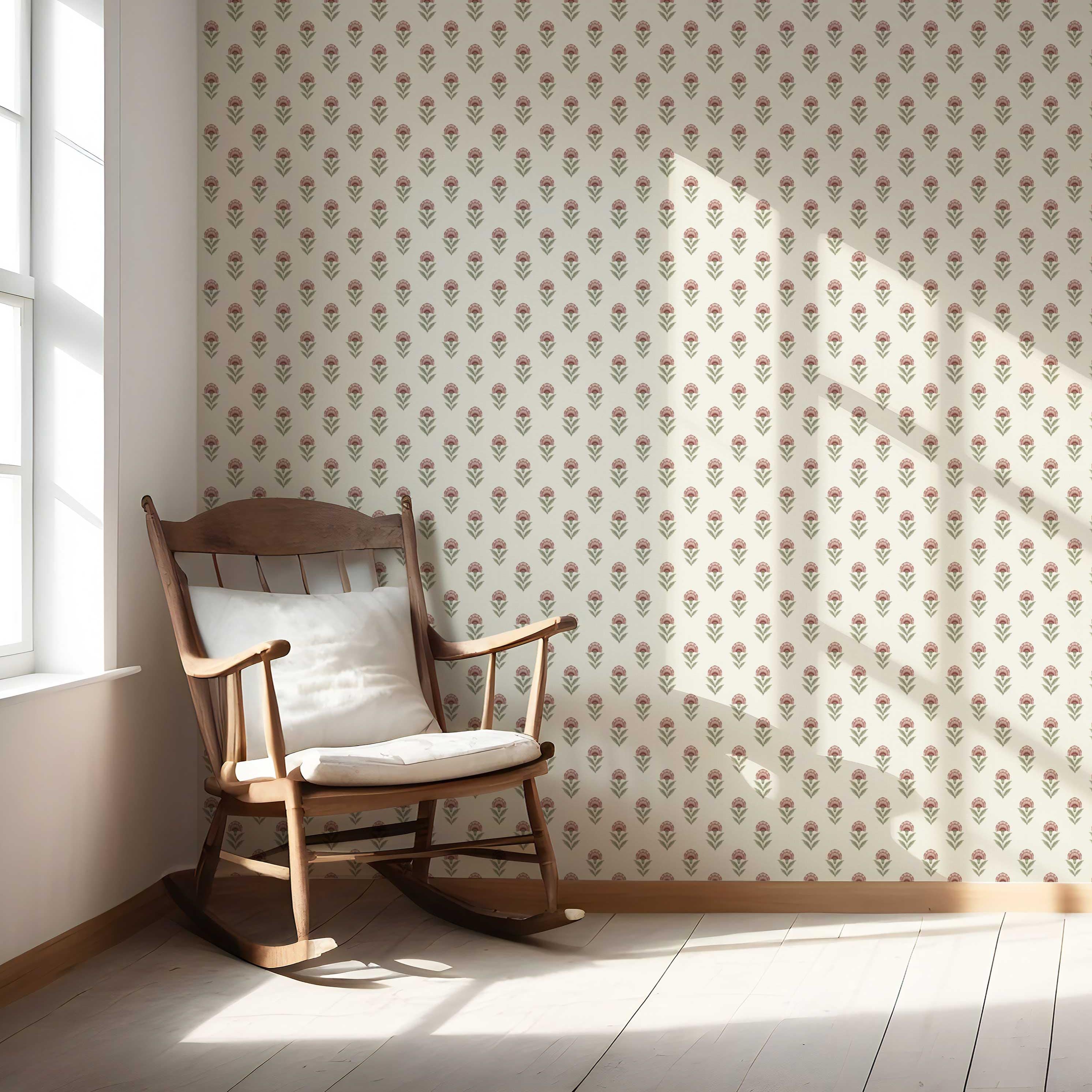 Floral Block Print Nursery Wallpaper Sample (Red/ Green)