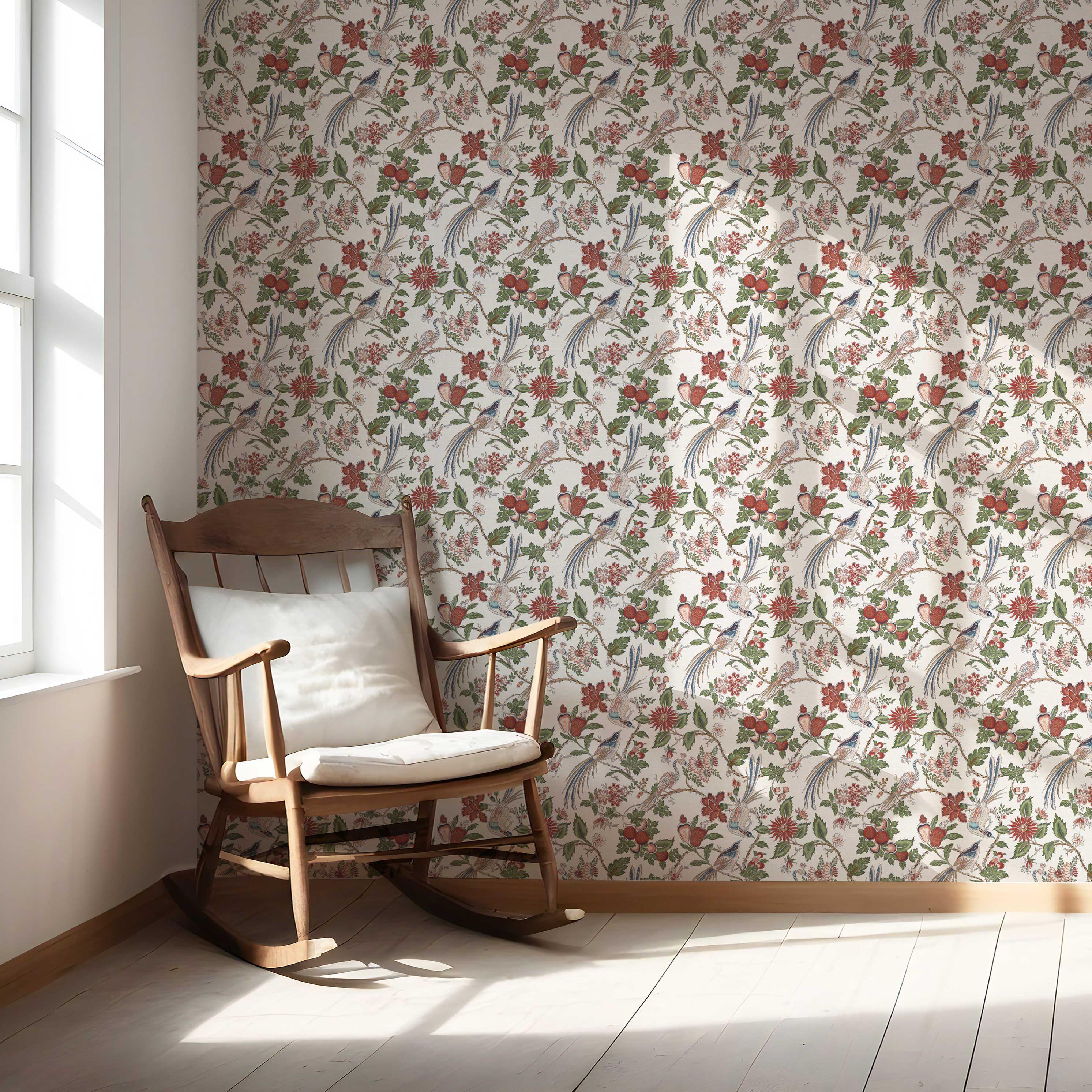Floral/ Birds Print Nursery Wallpaper (Deep Red/ Pink/ Green/ Gray/ Blue)