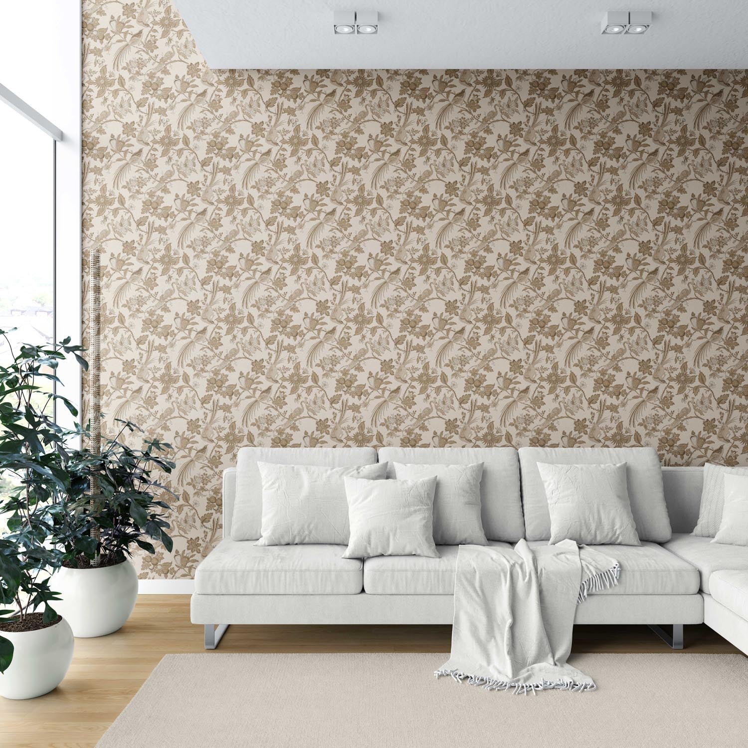 Neutral Floral/ Birds Print Shower Toilet Wallpaper Sample (Brown/ Beige/ Taupe)