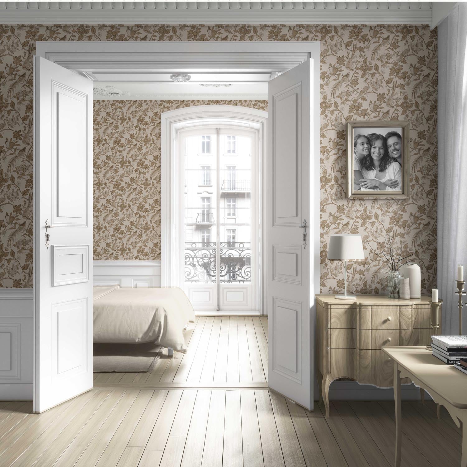 Neutral Floral/ Birds Print Living Room Wallpaper Sample (Brown/ Beige/ Taupe)