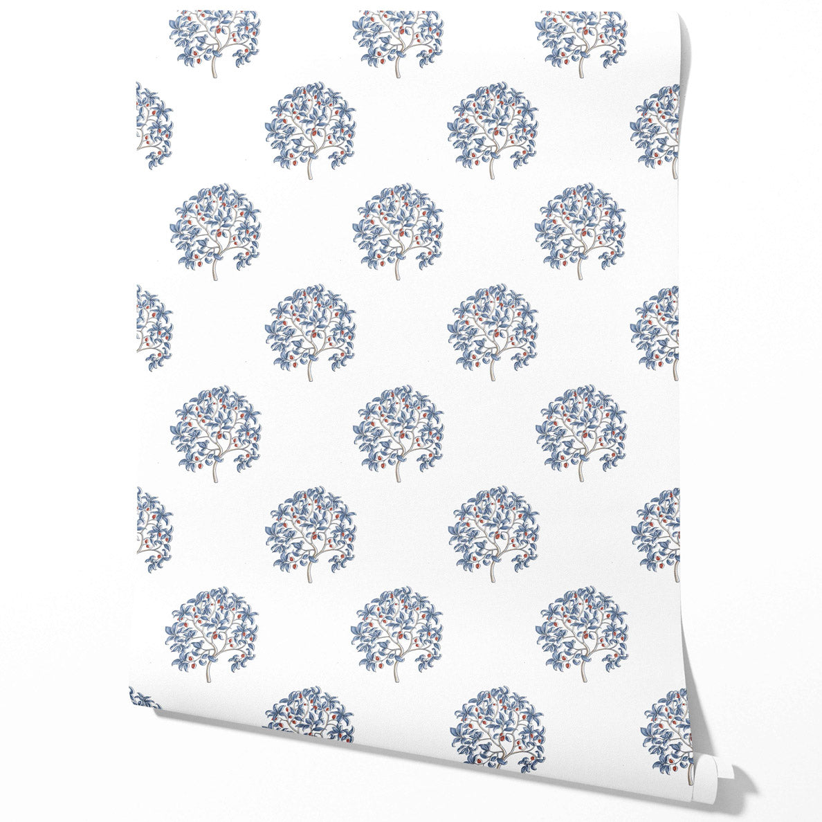 Floral Block Print Traditional Wallpaper Sample (Navy Blue/ Red)