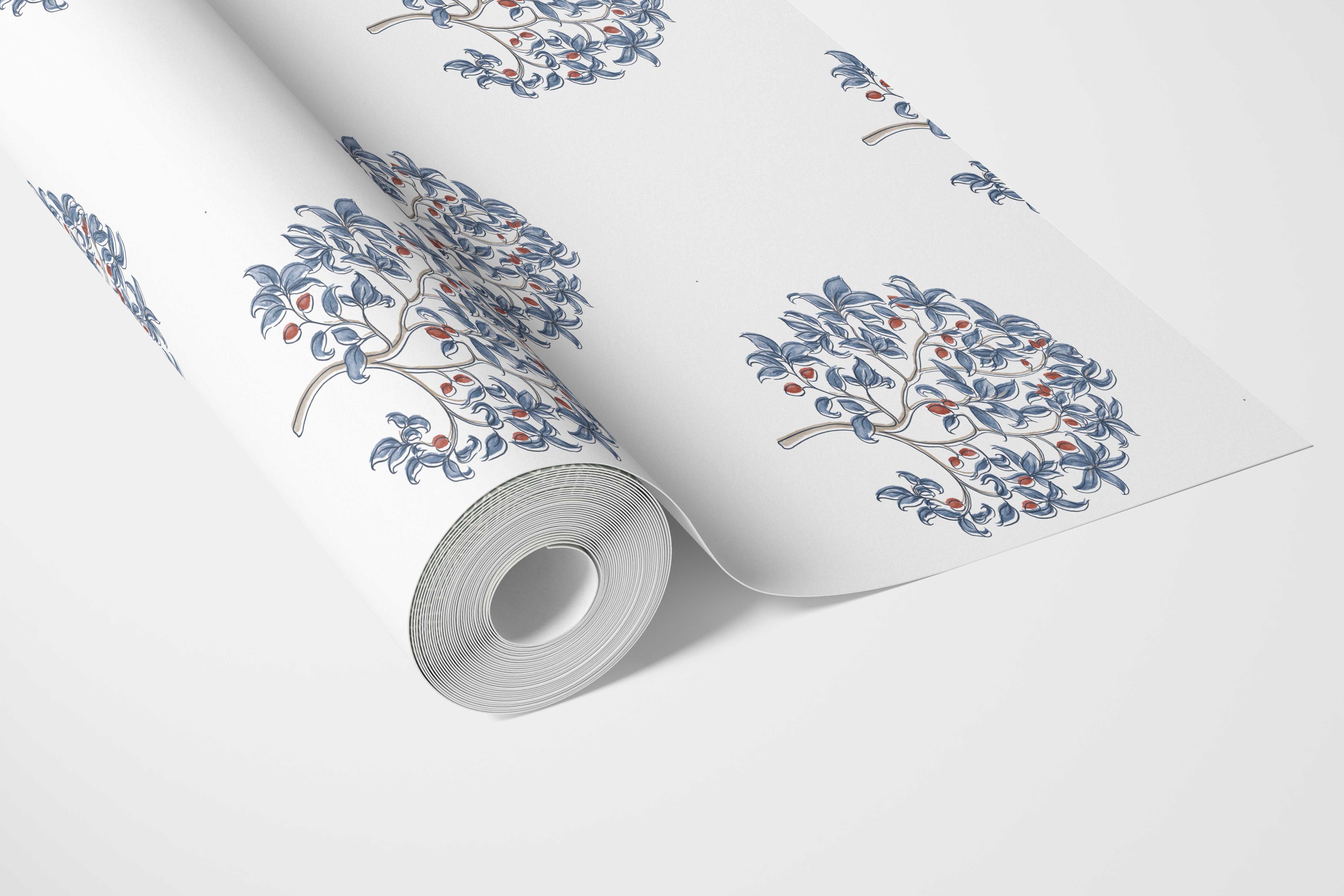 Floral Block Print Bathroom Wallpaper (Navy Blue/ Red)