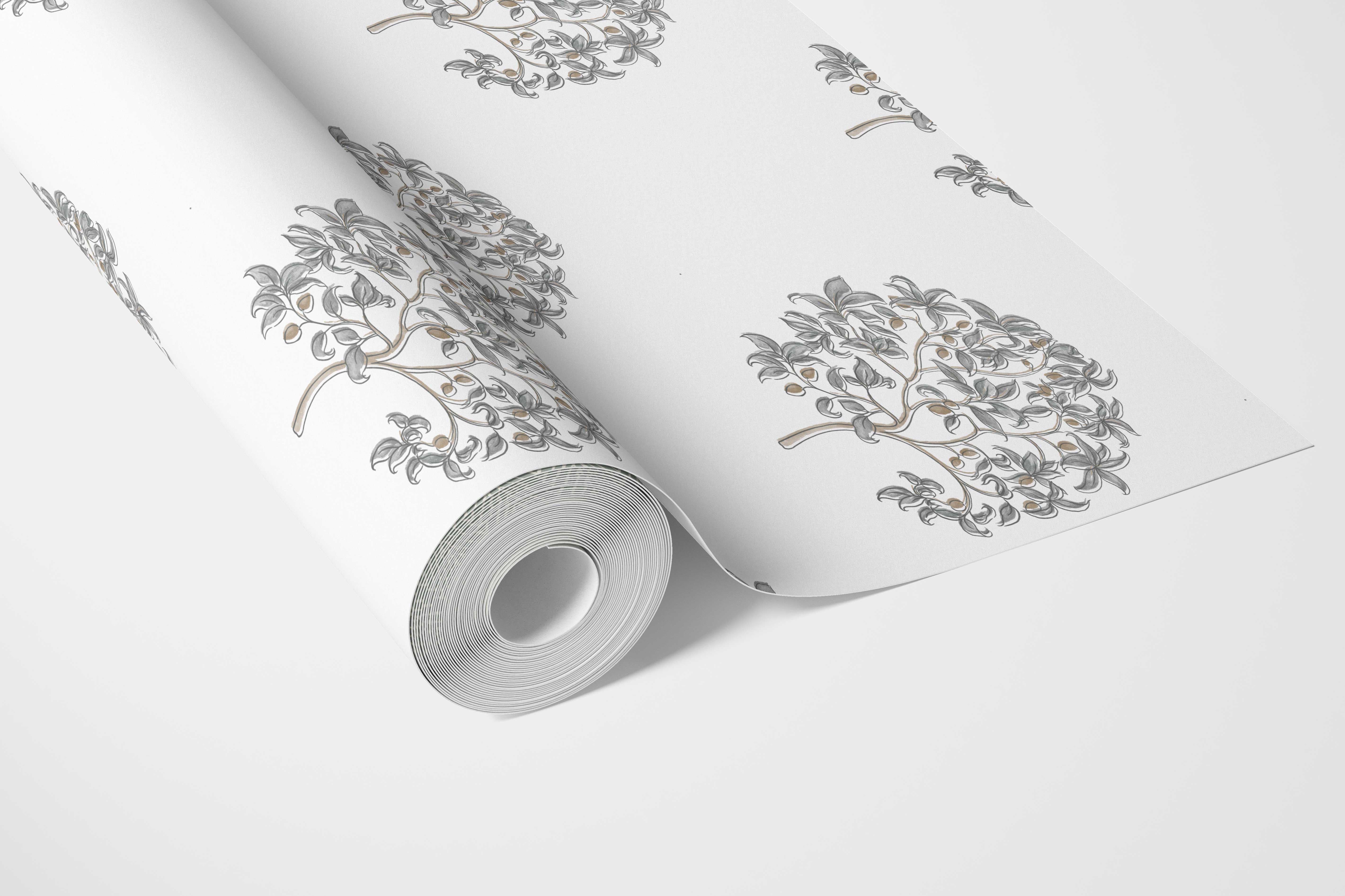 Neutral Floral Block Print Bathroom Wallpaper (Gray/ Brown)