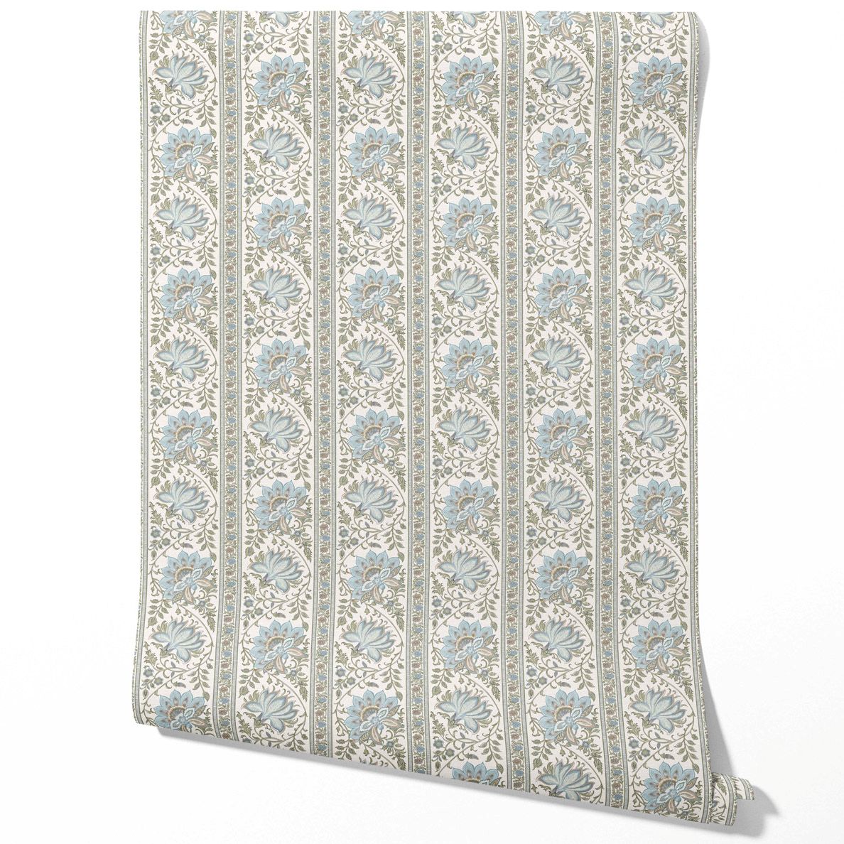 Vintage Floral Striped/ Botanical Traditional Wallpaper (Blue/ Green/ Sage Gray)