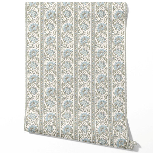 Vintage Floral Striped/ Botanical Traditional Wallpaper (Blue/ Green/ Sage Gray)