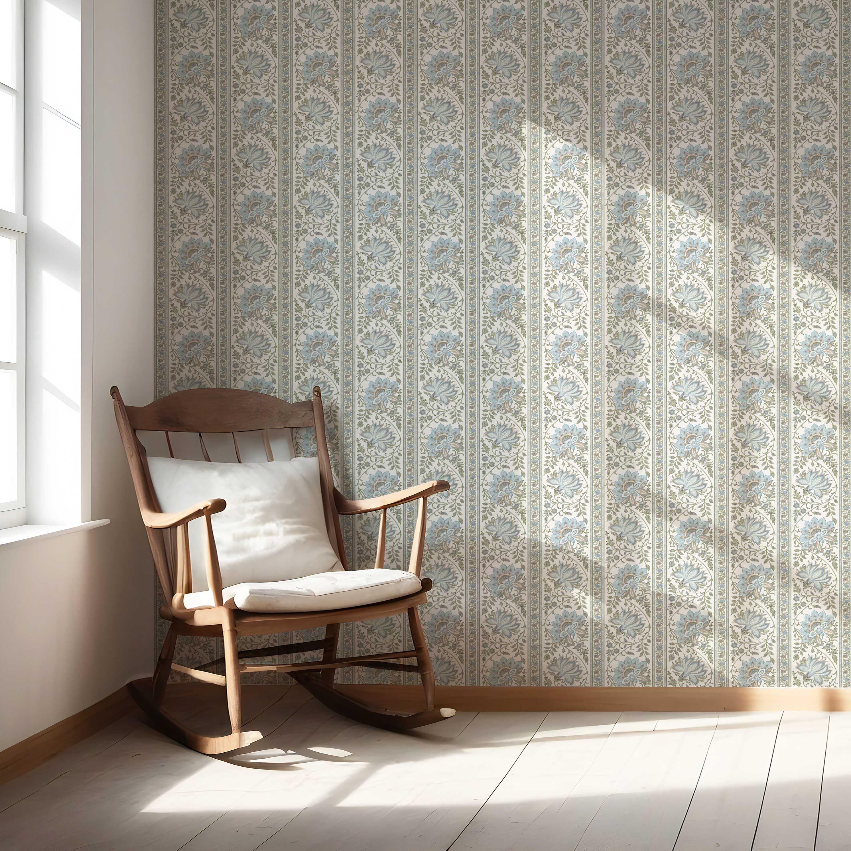 Vintage Floral Striped/ Botanical Nursery Wallpaper Sample (Blue/ Green/ Sage Gray)