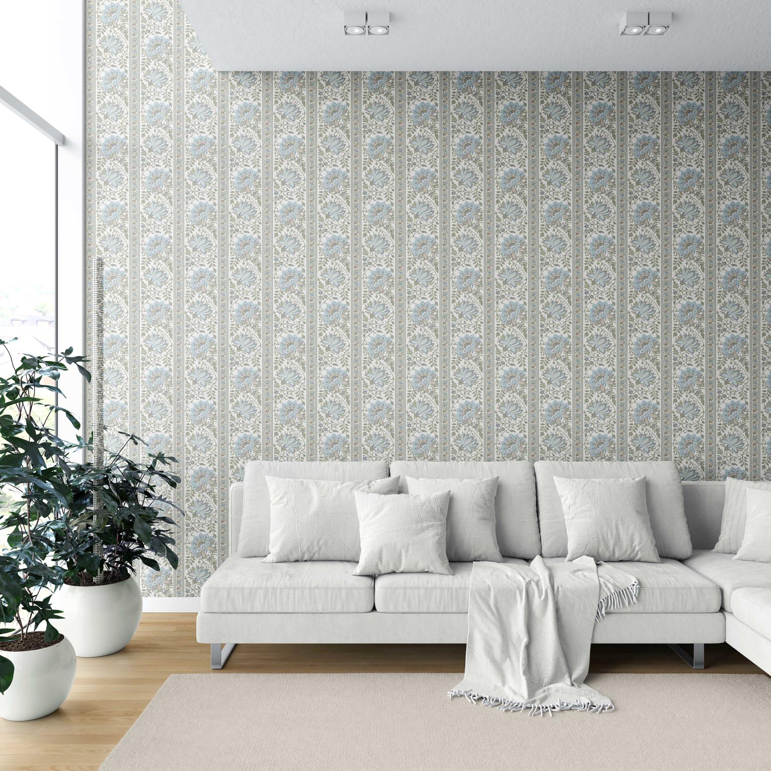 Vintage Floral Striped/ Botanical Shower Toilet Wallpaper Sample (Blue/ Green/ Sage Gray)
