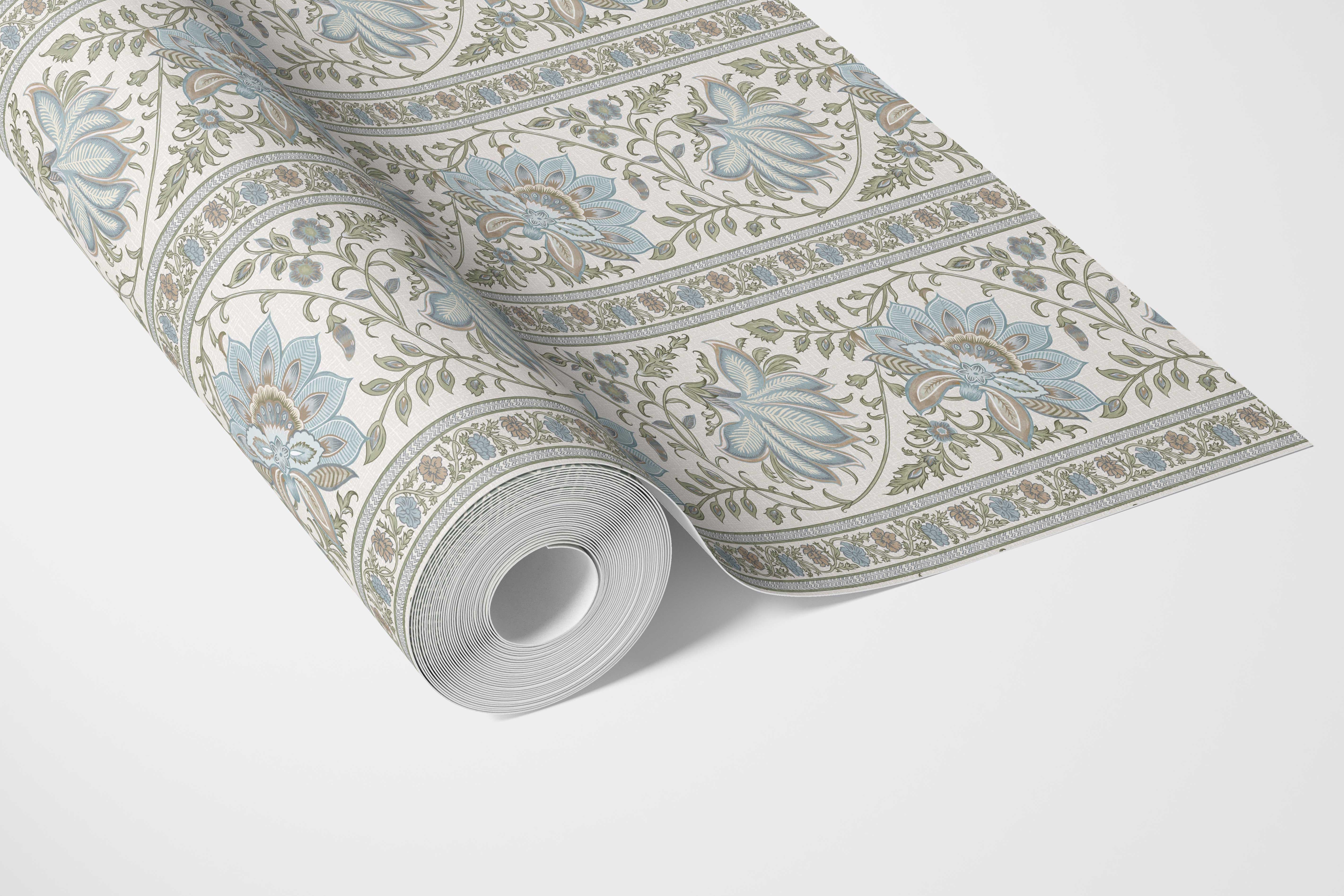 Vintage Floral Striped/ Botanical Bathroom Wallpaper (Blue/ Green/ Sage Gray)