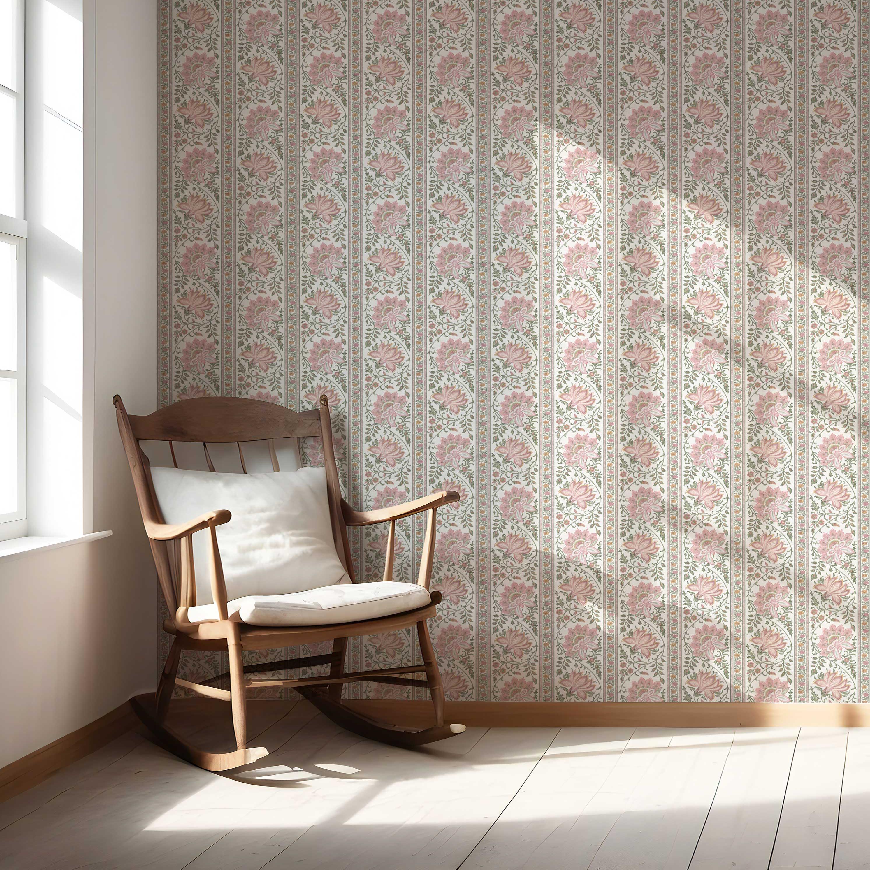 Vintage Floral Striped/ Botanical Nursery Wallpaper (Pink/ Green)
