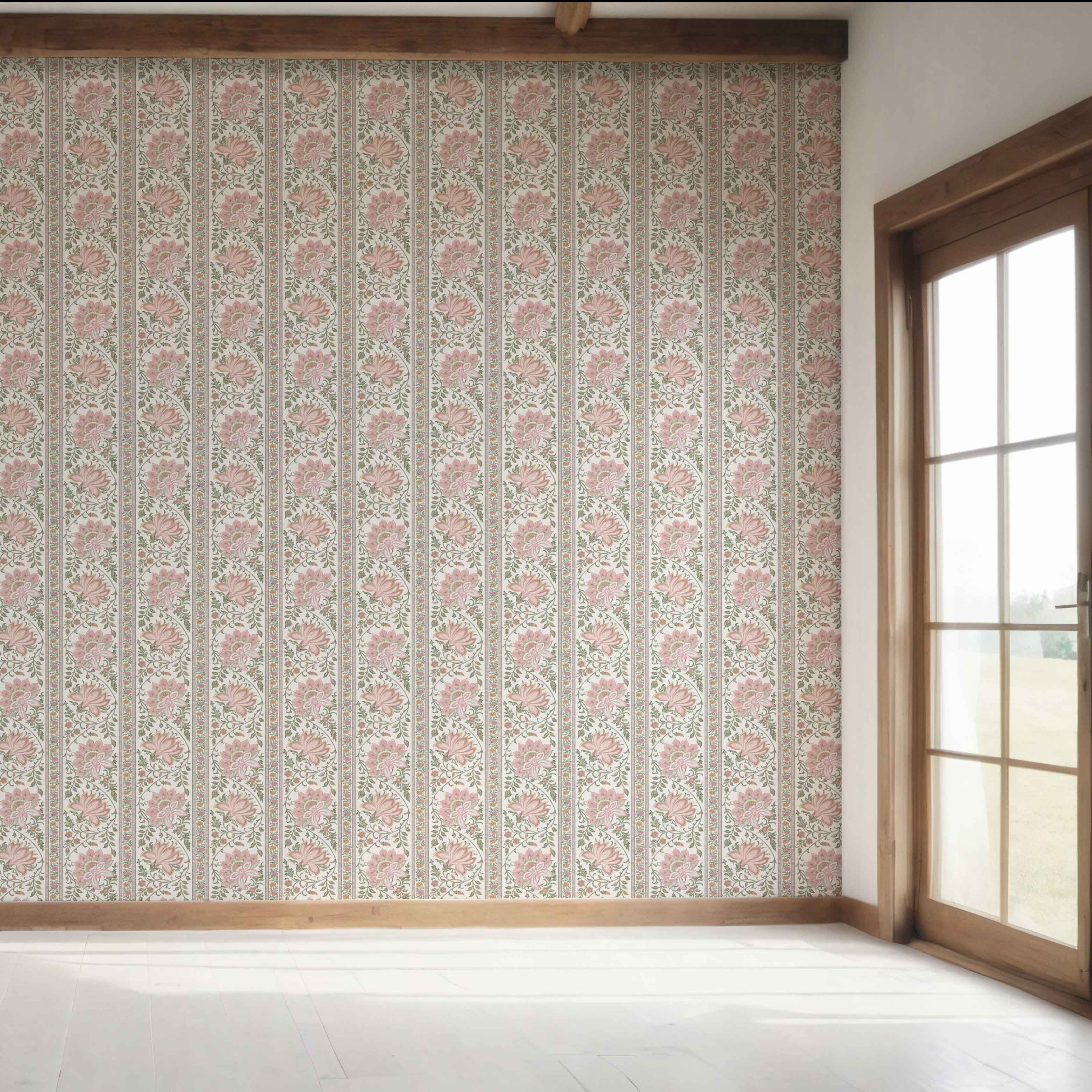 Vintage Floral Striped/ Botanical Bedroom Wallpaper (Pink/ Green)