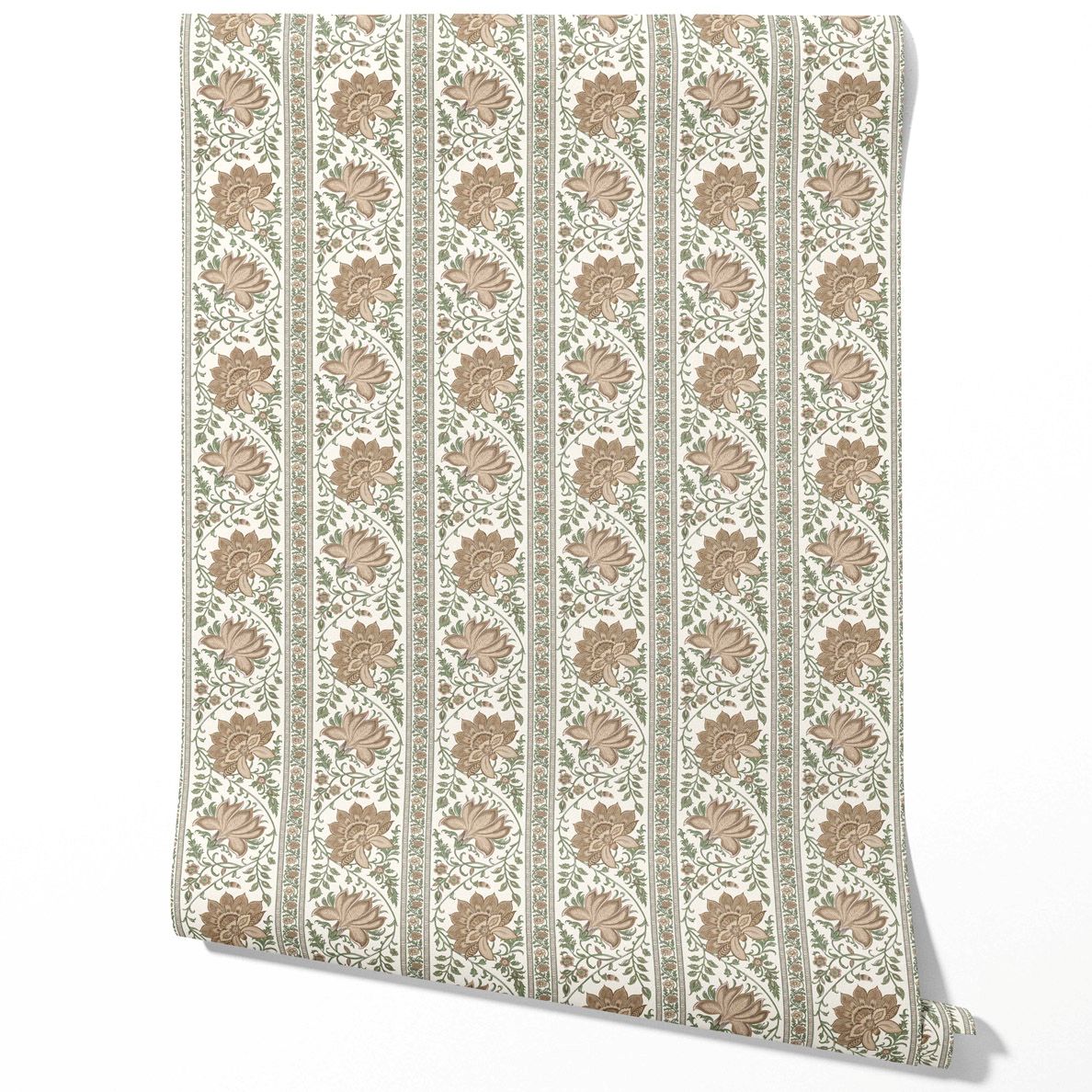 Vintage Floral Striped/ Botanical Traditional Wallpaper Sample (Brown/ Green)