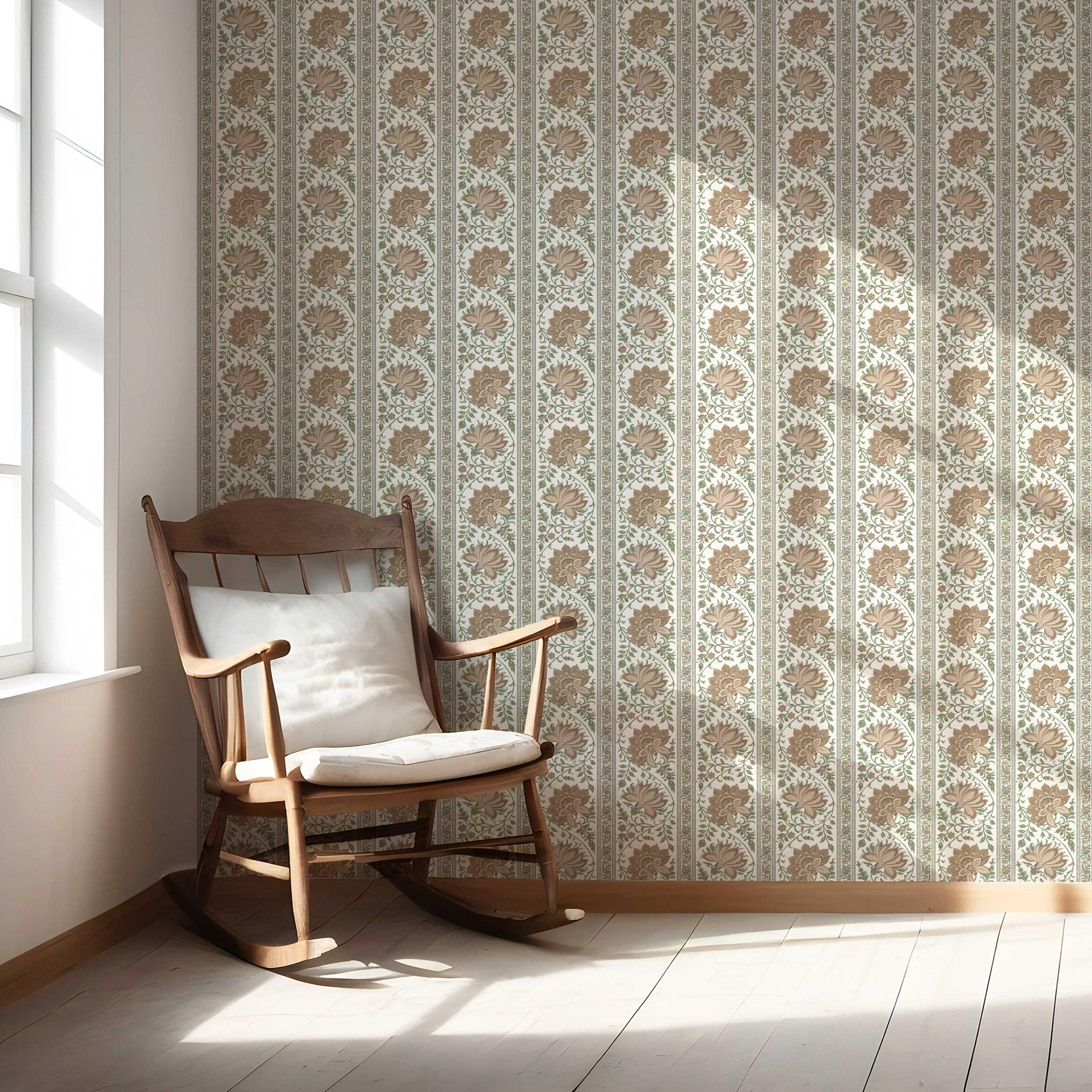 Vintage Floral Striped/ Botanical Nursery Wallpaper (Brown/ Green)