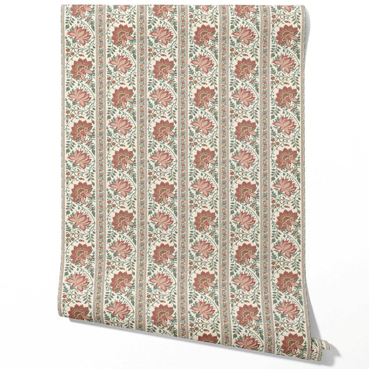 Vintage Floral Striped/ Botanical Traditional Wallpaper Sample (Red/ Green)