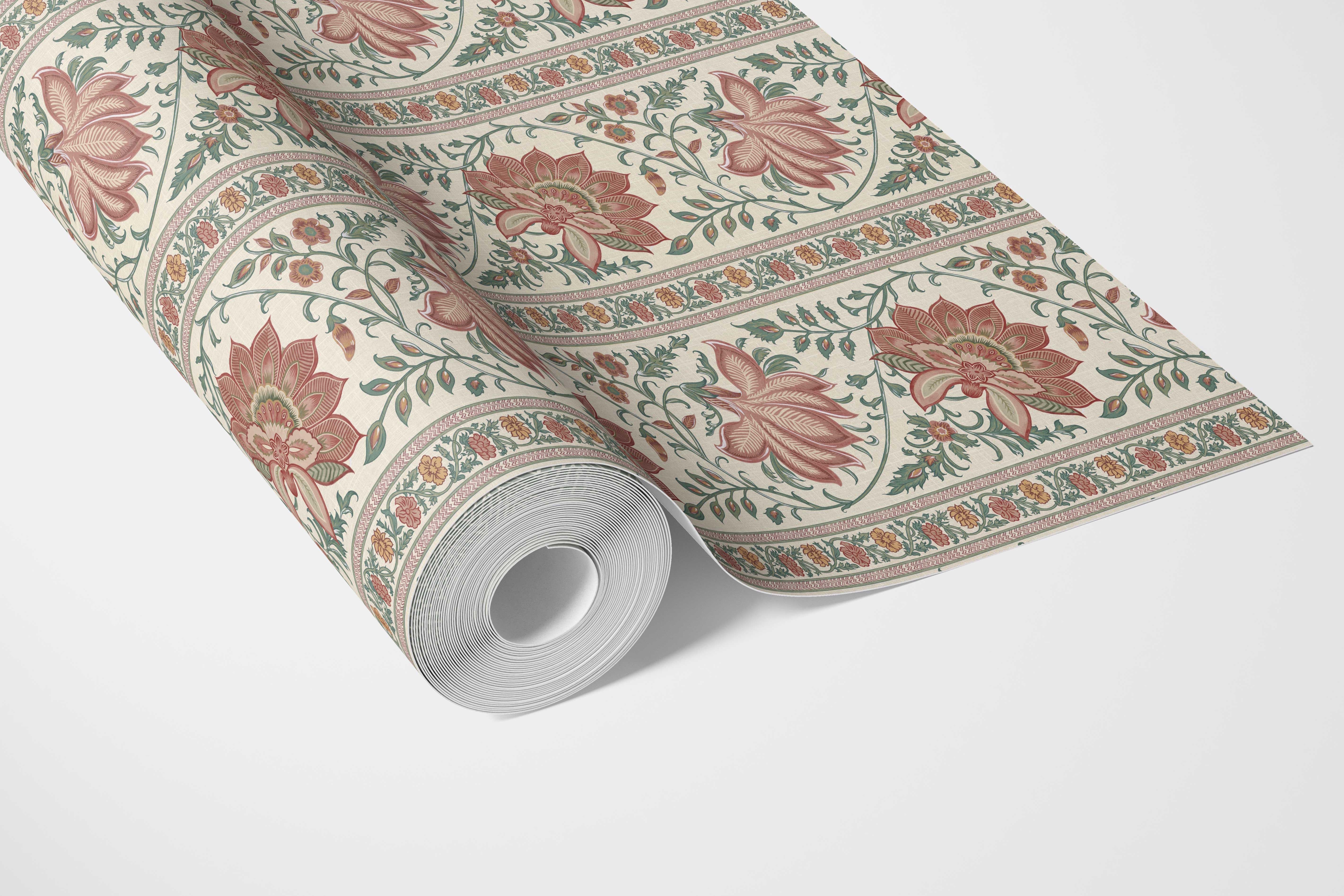 Vintage Floral Striped/ Botanical Bathroom Wallpaper Sample (Red/ Green)