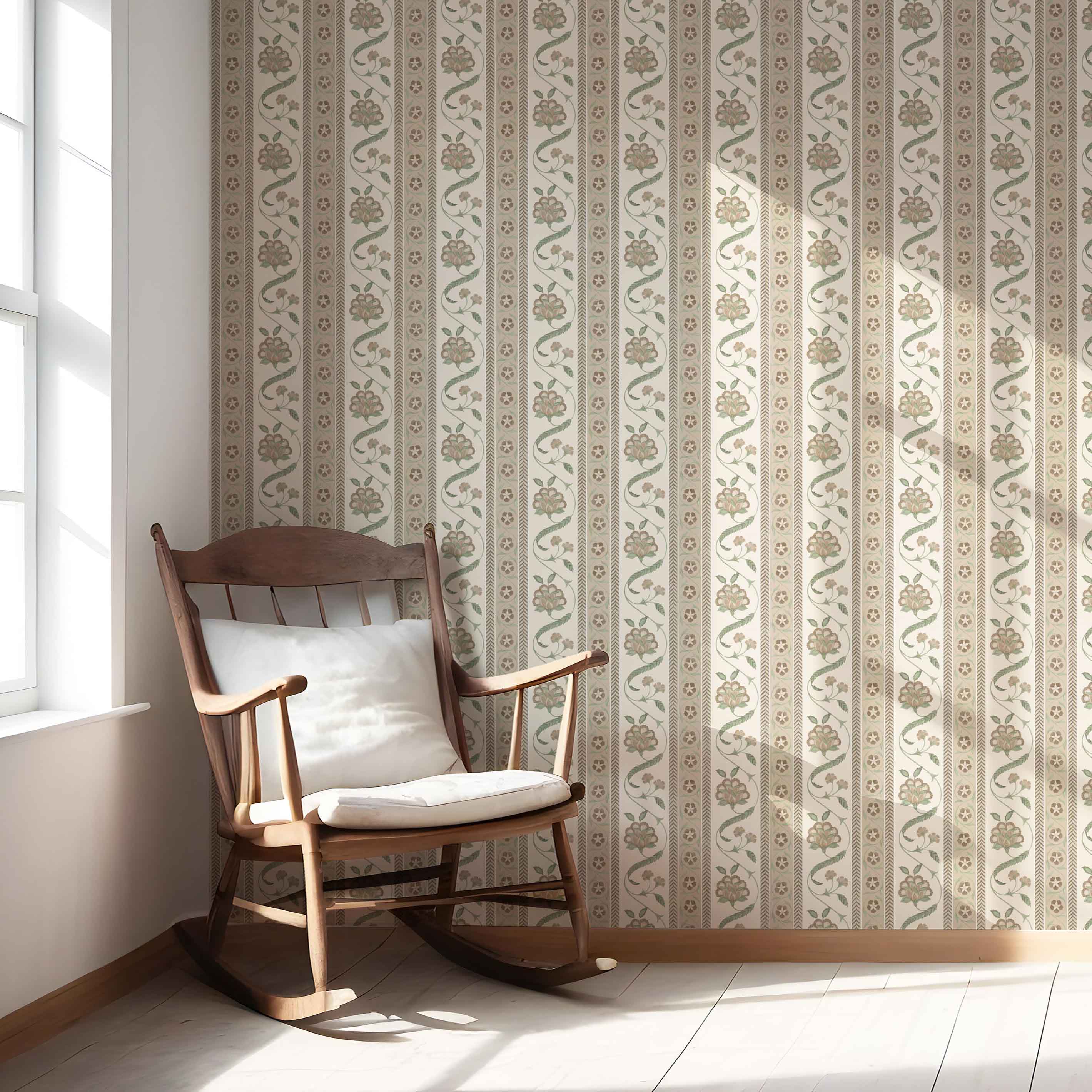 Neutral Floral Botanical Striped Nursery Wallpaper Sample (Beige/ Brown/ Green)