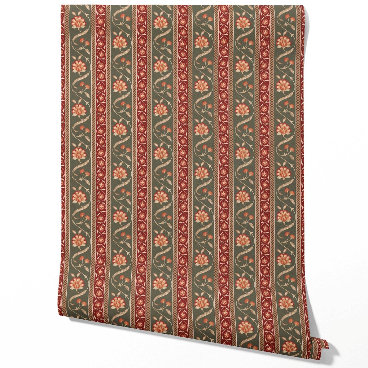 Floral Botanical Striped Traditional Wallpaper Sample (Olive Green/ Red/ Maroon/ Beige)