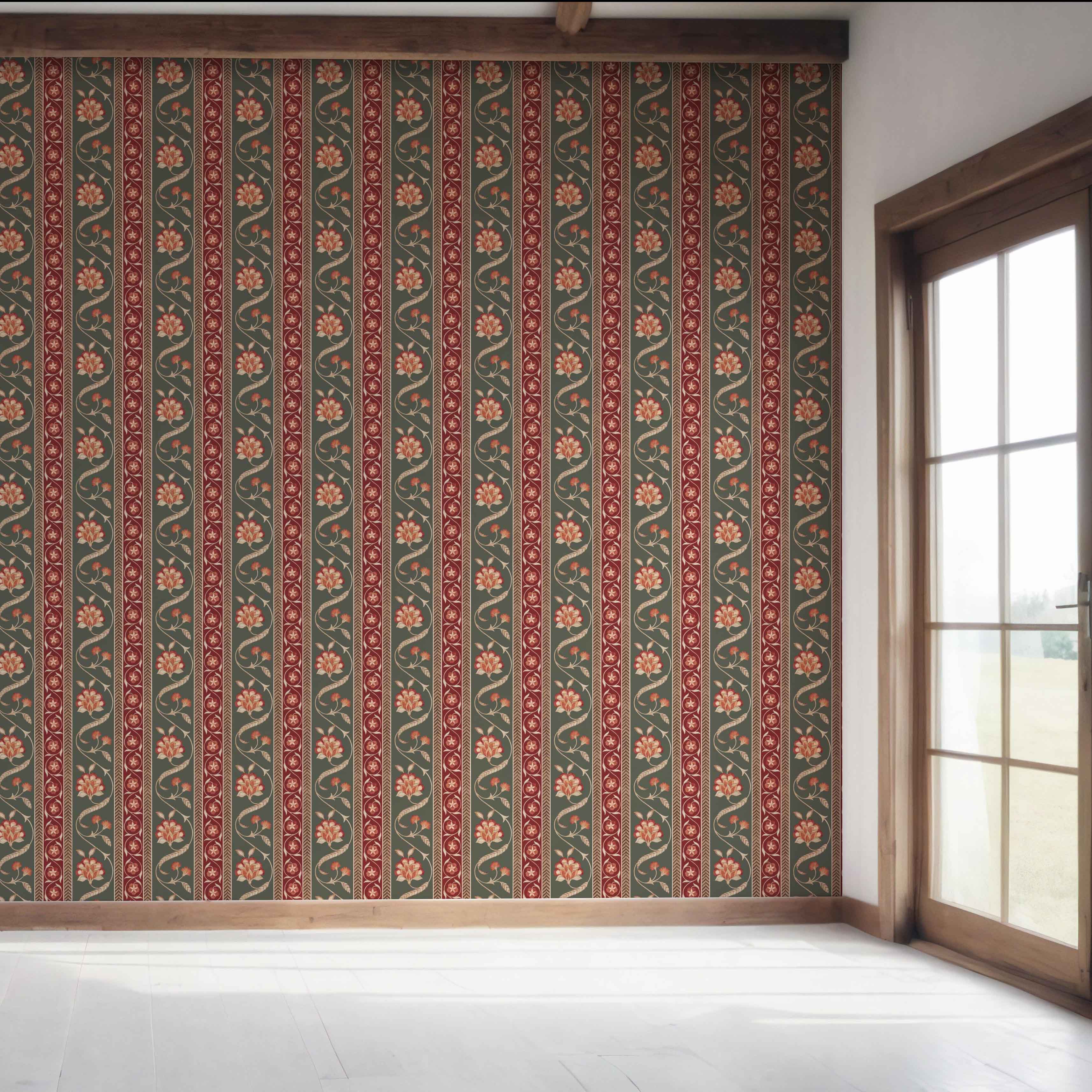 Floral Botanical Striped Bedroom Wallpaper (Olive Green/ Red/ Maroon/ Beige)