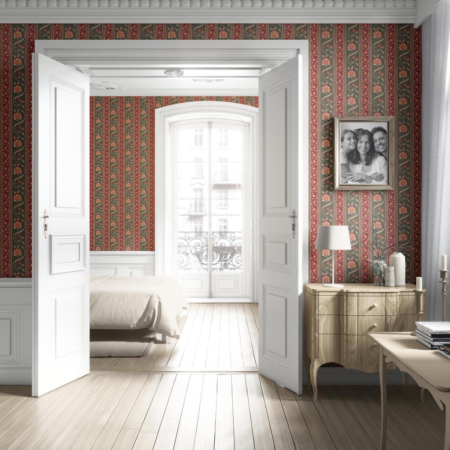 Floral Botanical Striped Living Room Wallpaper (Olive Green/ Red/ Maroon/ Beige)