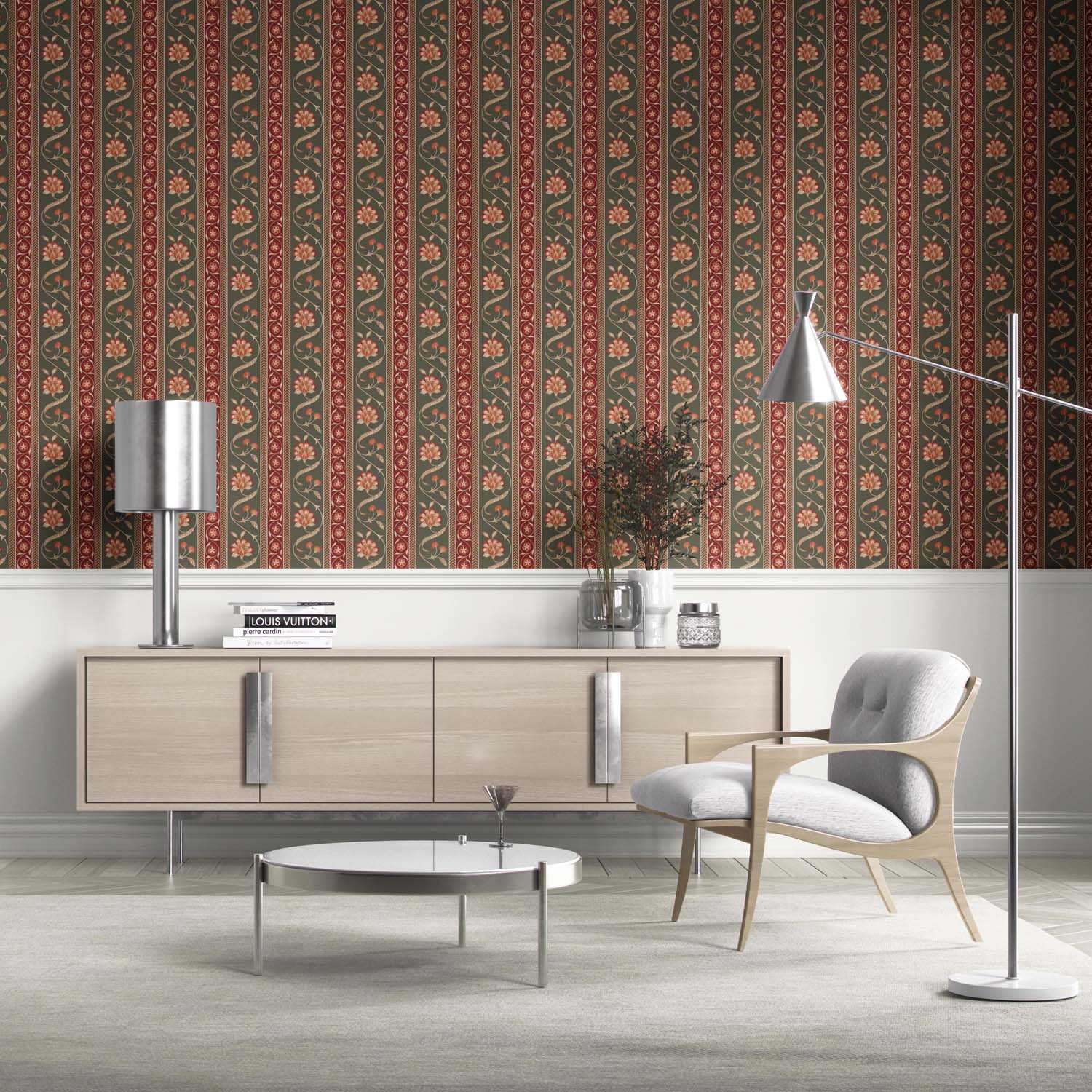 Floral Botanical Striped Nursery Wallpaper (Olive Green/ Red/ Maroon/ Beige)
