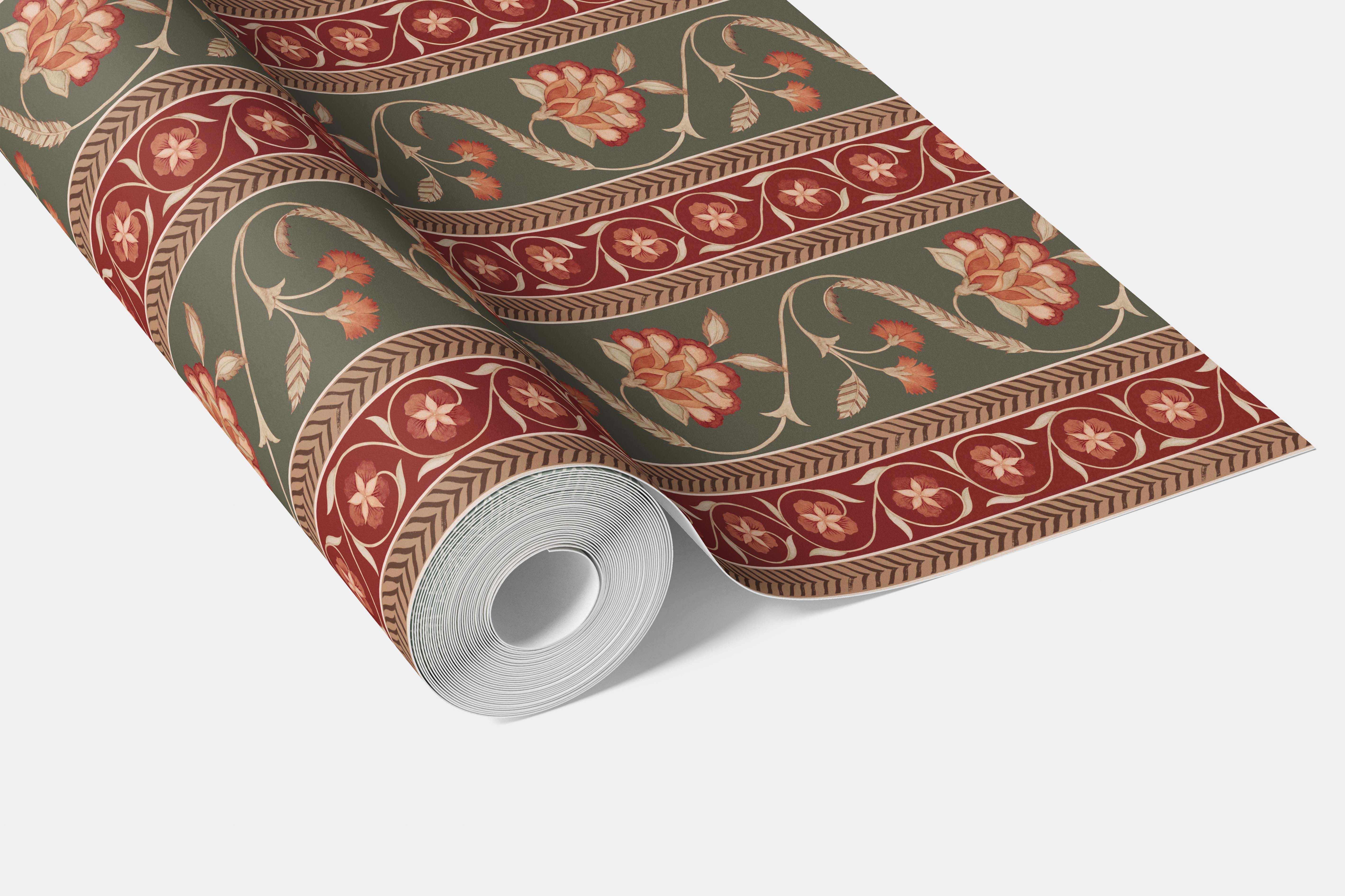 Floral Botanical Striped Bathroom Wallpaper (Olive Green/ Red/ Maroon/ Beige)