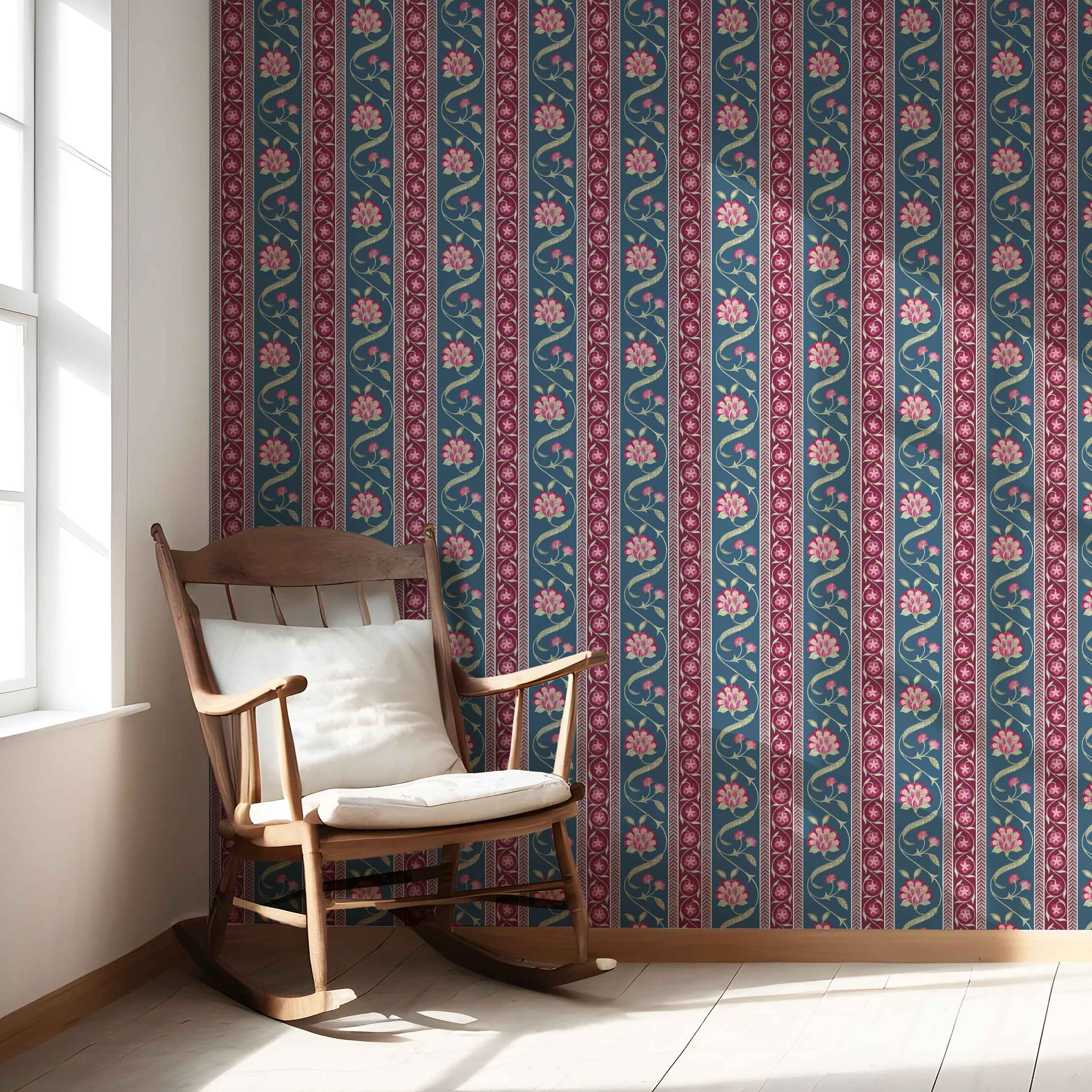 Floral Botanical Striped Nursery Wallpaper Sample (Teal Blue/ Pink/ Green)