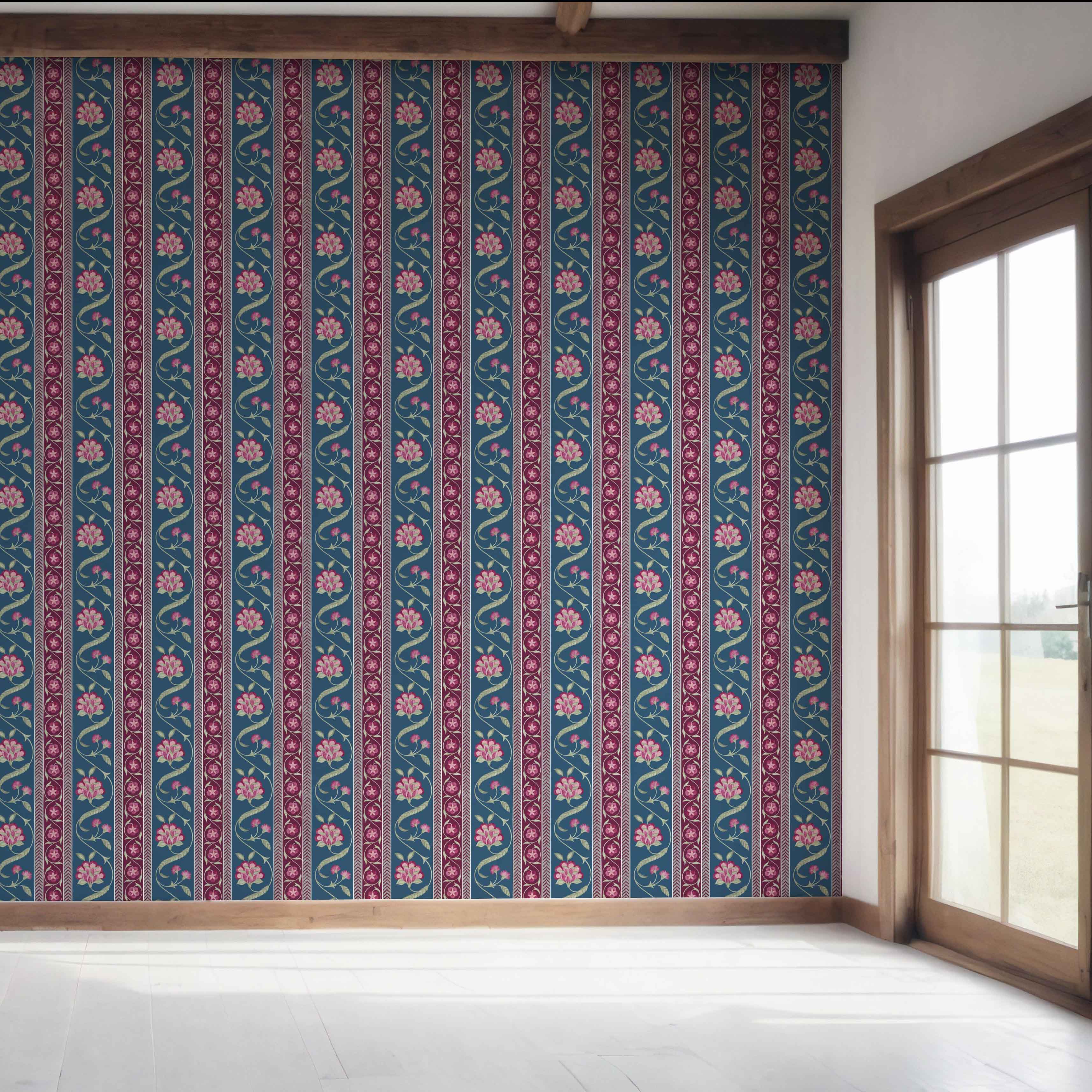 Floral Botanical Striped Bedroom Wallpaper (Teal Blue/ Pink/ Green)