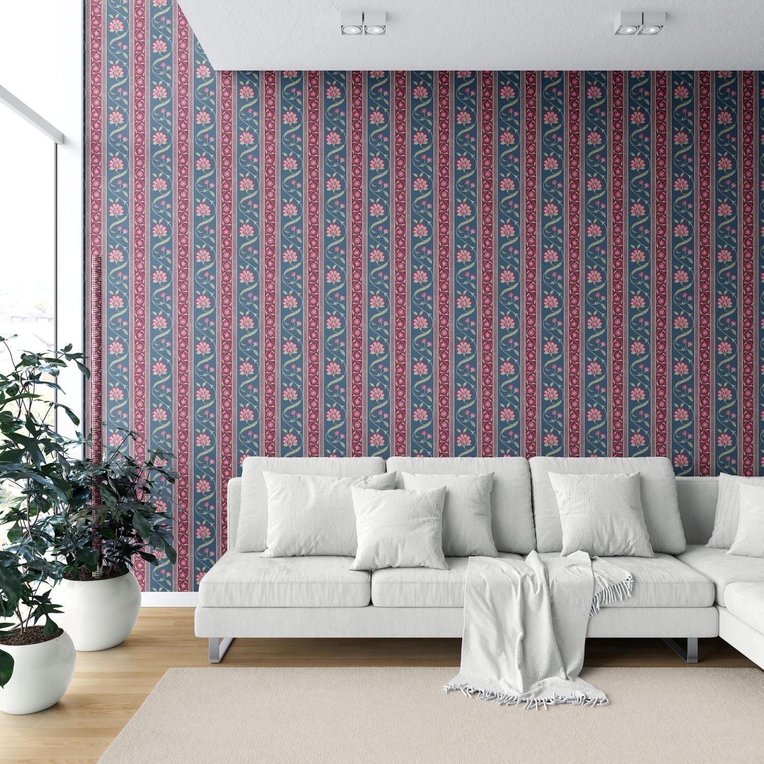 Floral Botanical Striped Shower Toilet Wallpaper Sample (Teal Blue/ Pink/ Green)